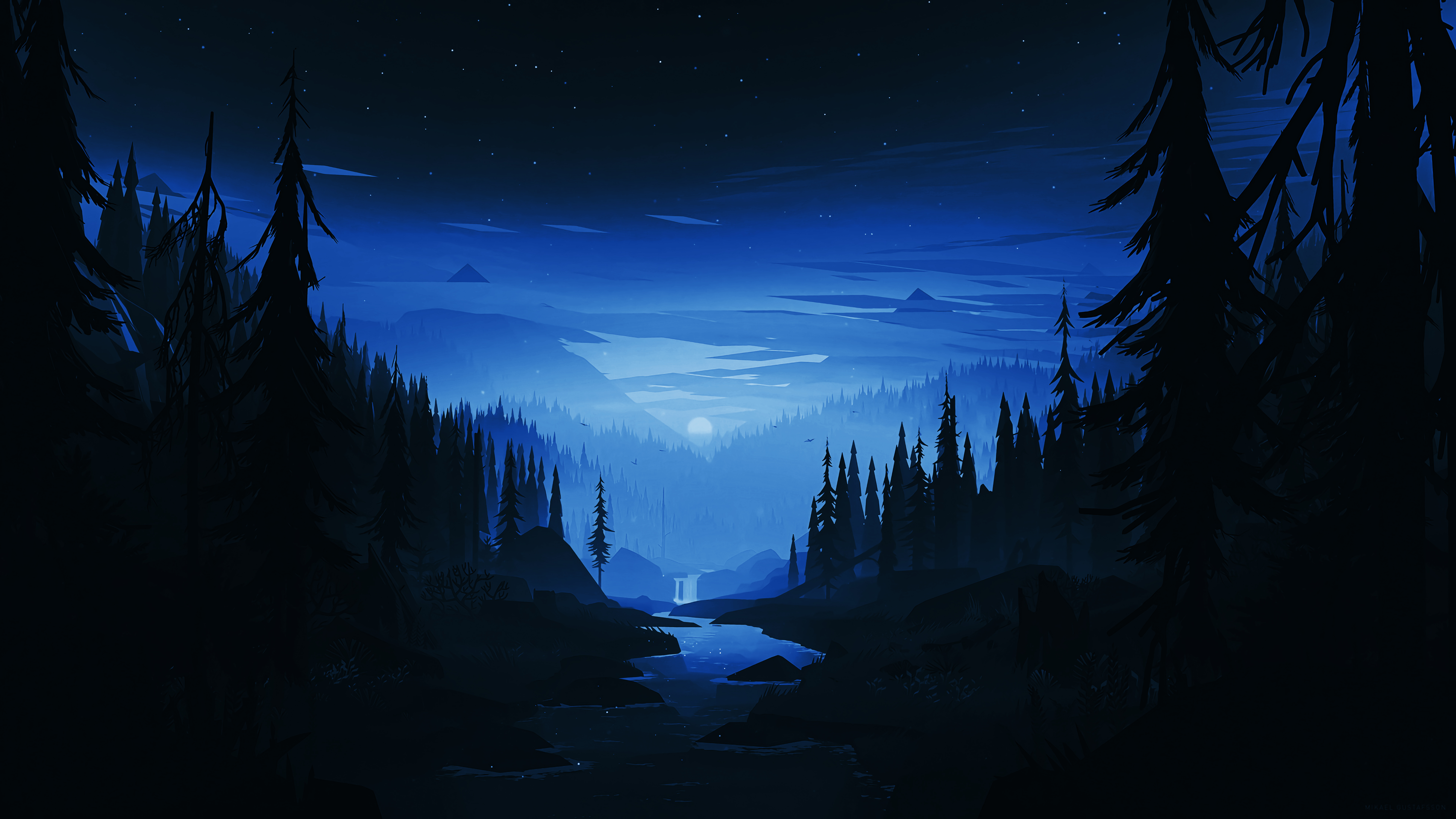 Wallpaper, artwork, Moon, calm, forest, river, mountains, night sky, stars, clouds 7680x4320