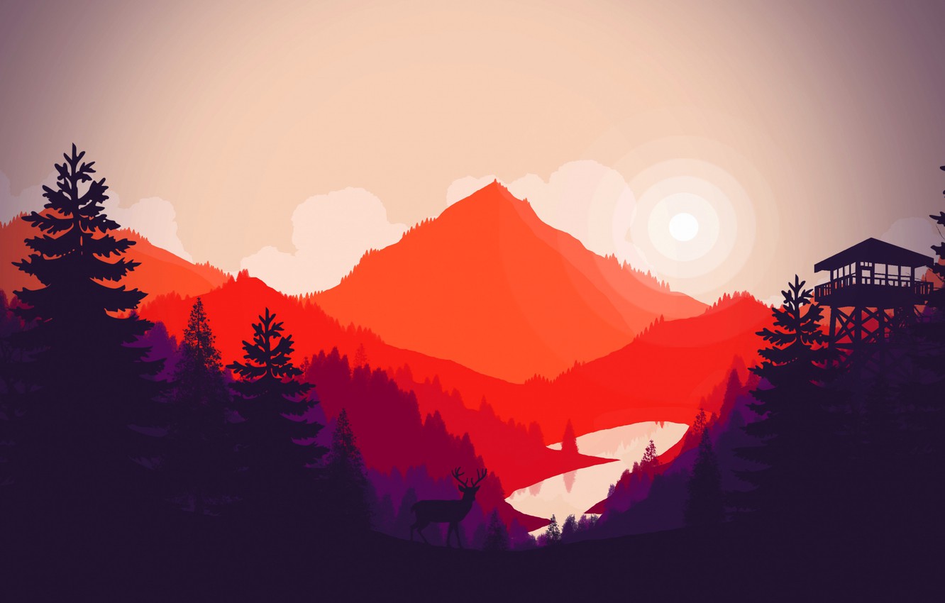 Wallpaper trees, mountains, lake, vector, deer, silhouette, tower image for desktop, section разное