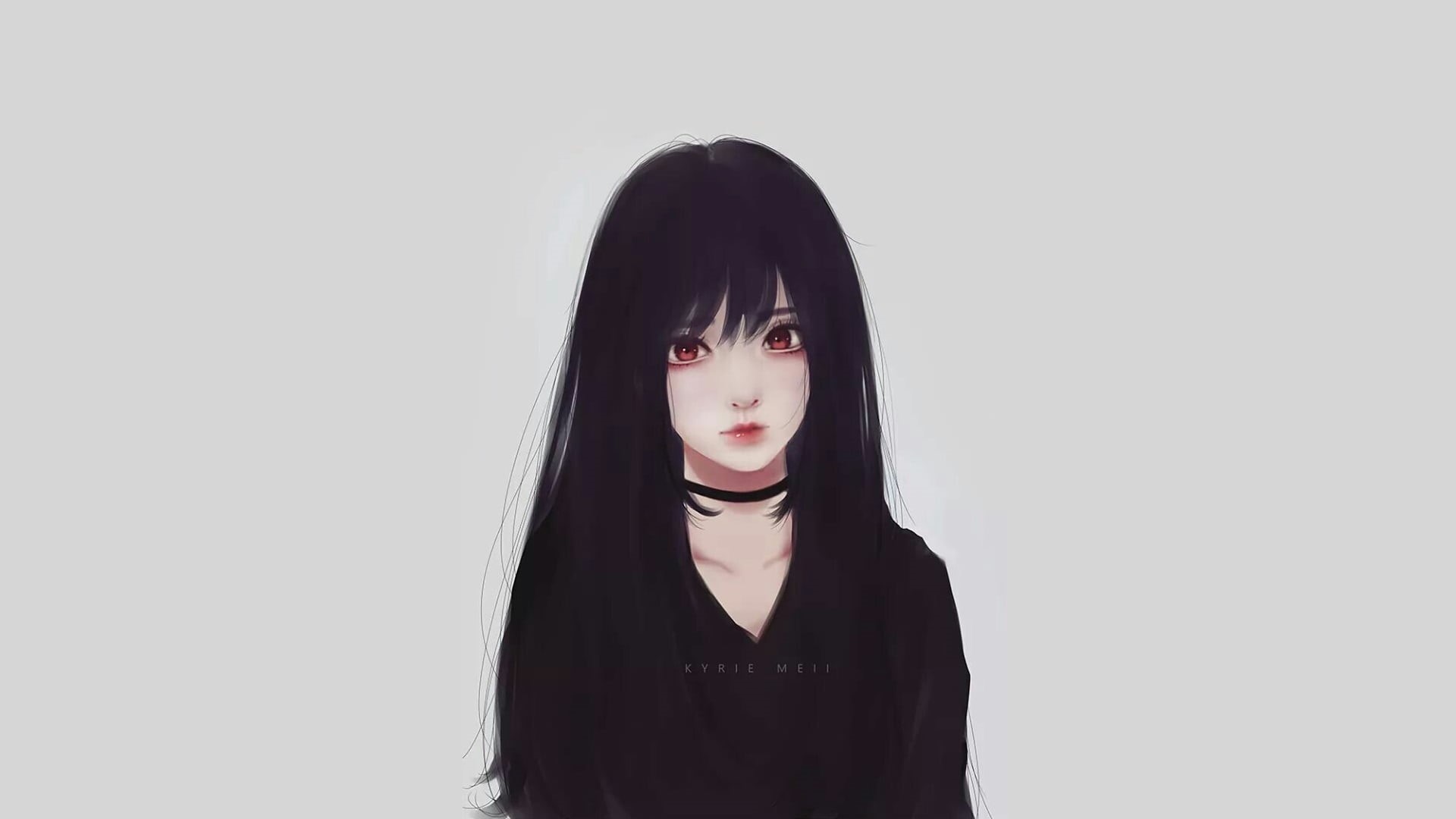 Wallpaper / anime, women, young women, copy space, Kyrie Meii, portrait, indoors, black hair, teenager, casual clothing, front view, bangs, contemplation, 1080P, white background free download