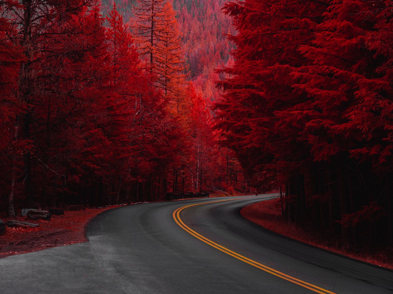 Download wallpaper 1280x960 road, turn, trees, red, mountain, landscape standard 4:3 HD background