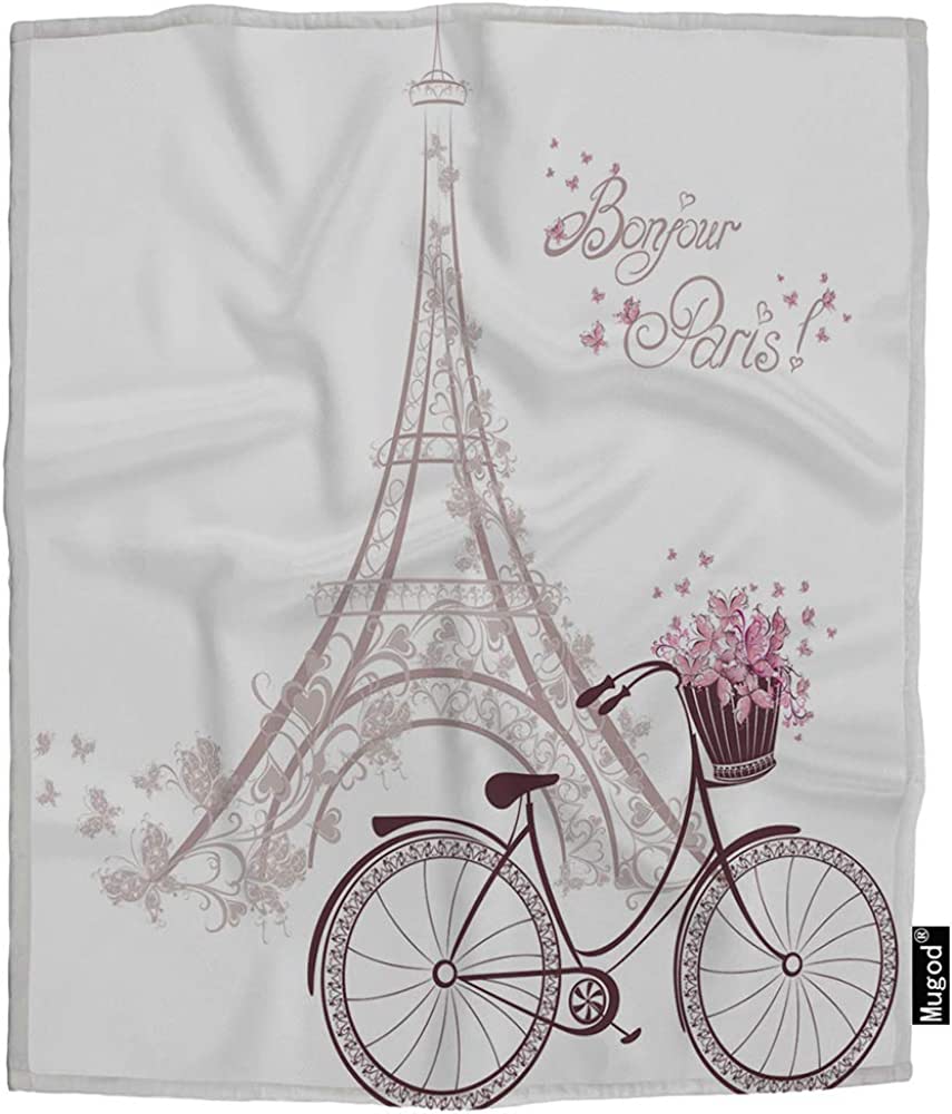 Mugod Bonjour Paris Throw Blanket Eiffel Tower Bicycle Romantic Pink Flowers Butterfly Soft Cozy Fuzzy Warm Flannel Blankets Decorative for Bed Chair Couch Sofa 50X60 Inch