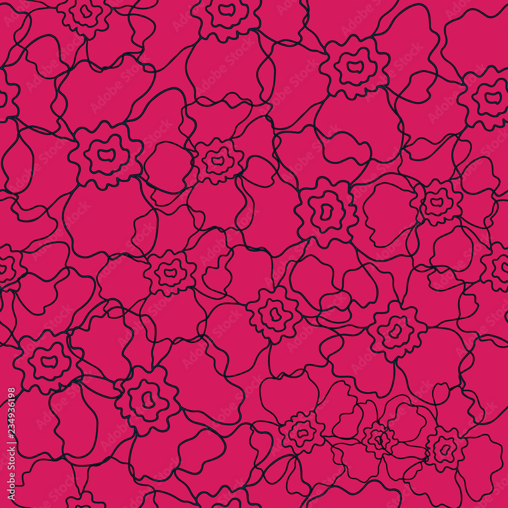 Vector vibrant pink floral line art seamless pattern background. Perfect for fabric, textiles, scrapbooking and wallpaper projects. Stock Vector
