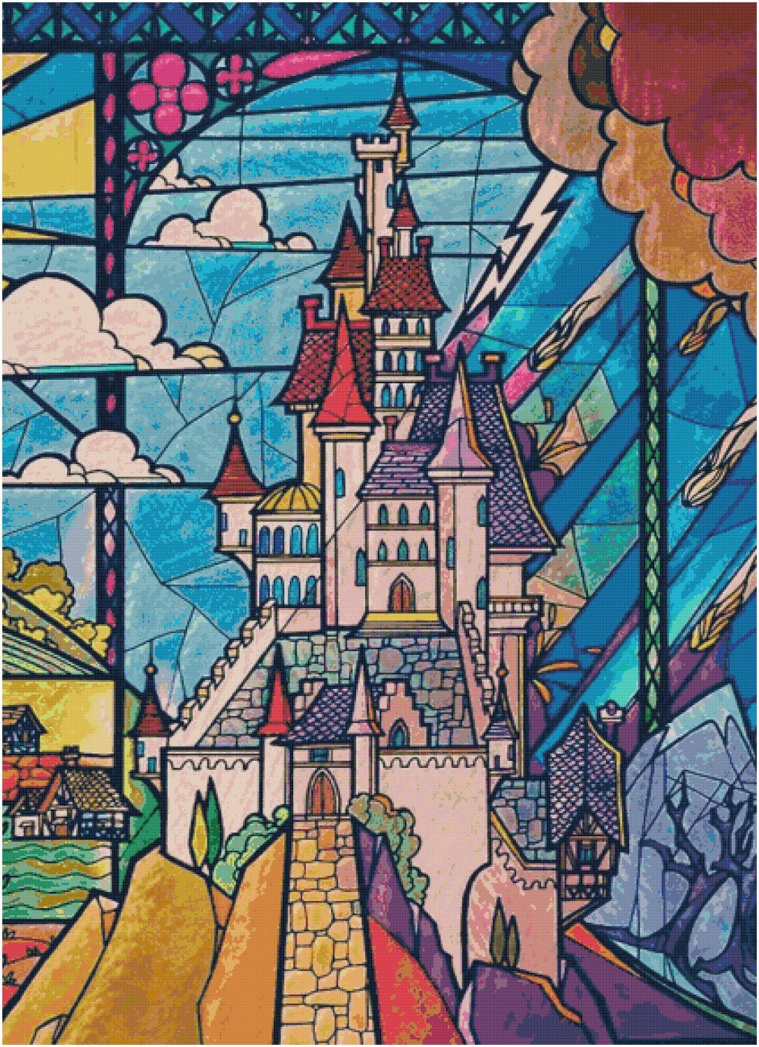 DISNEY BEAUTY AND THE BEAST STAINED GLASS CASTLE CROSS STITCH PATTERN PDF ONLY. Disney stained glass, Beast's castle, Disney wallpaper