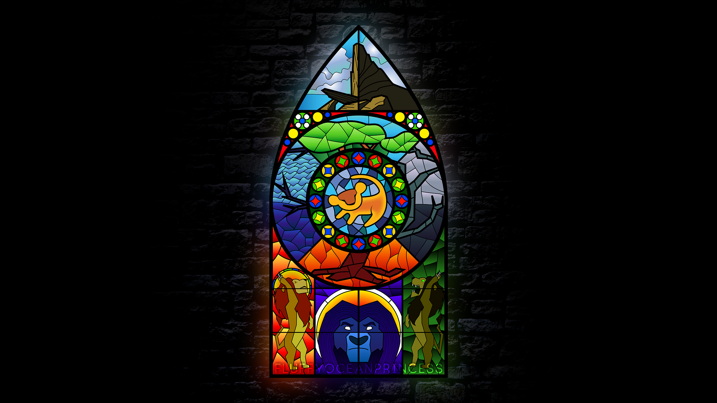 My bf convinced me to get a reddit so I could post this. Stained glass window based on the Lion King. Feel free to use as a wallpaper! [2400 x 1350]