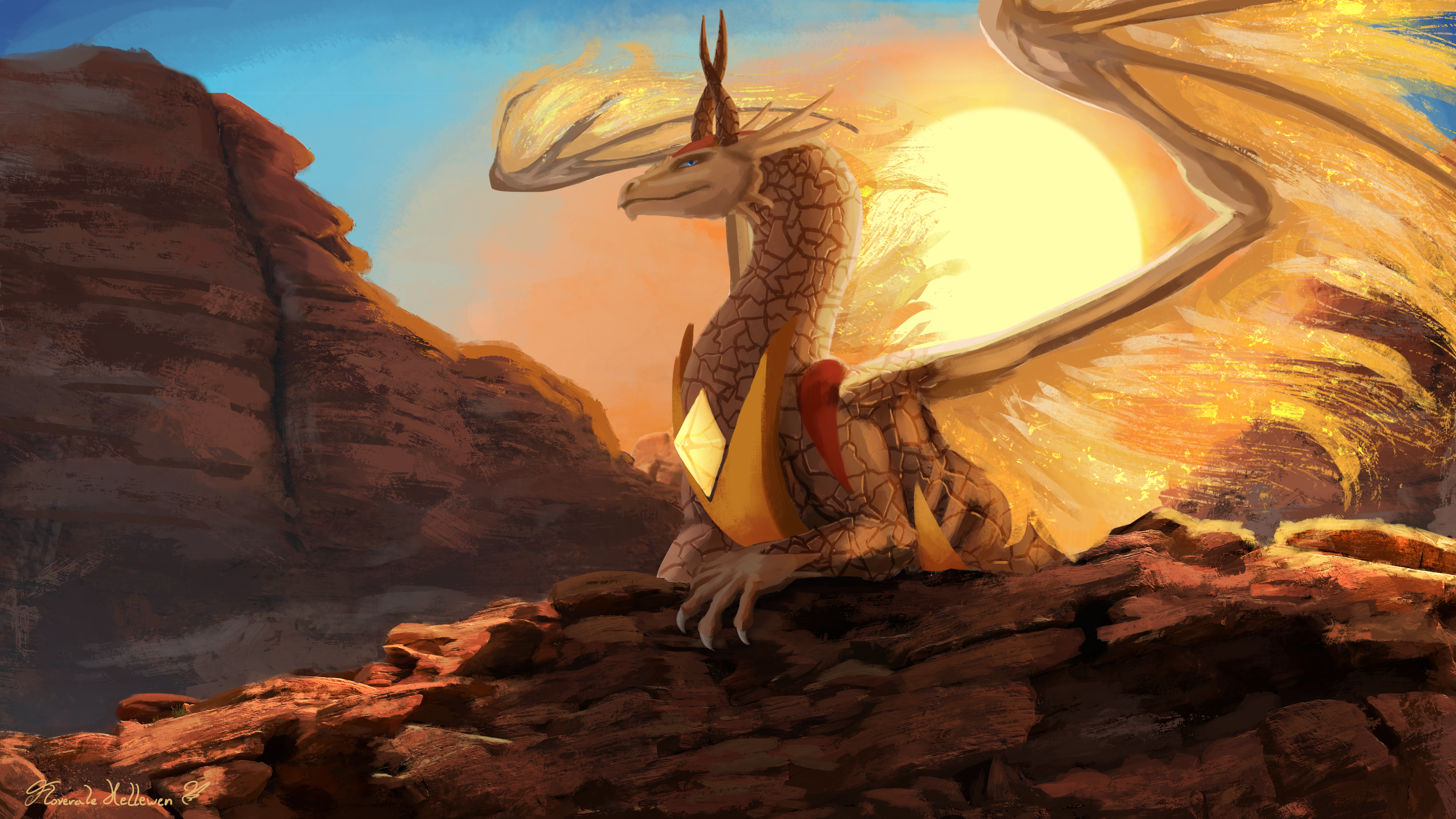 Wallpaper, dragon, wings, fantasy art, rock 3840x2160