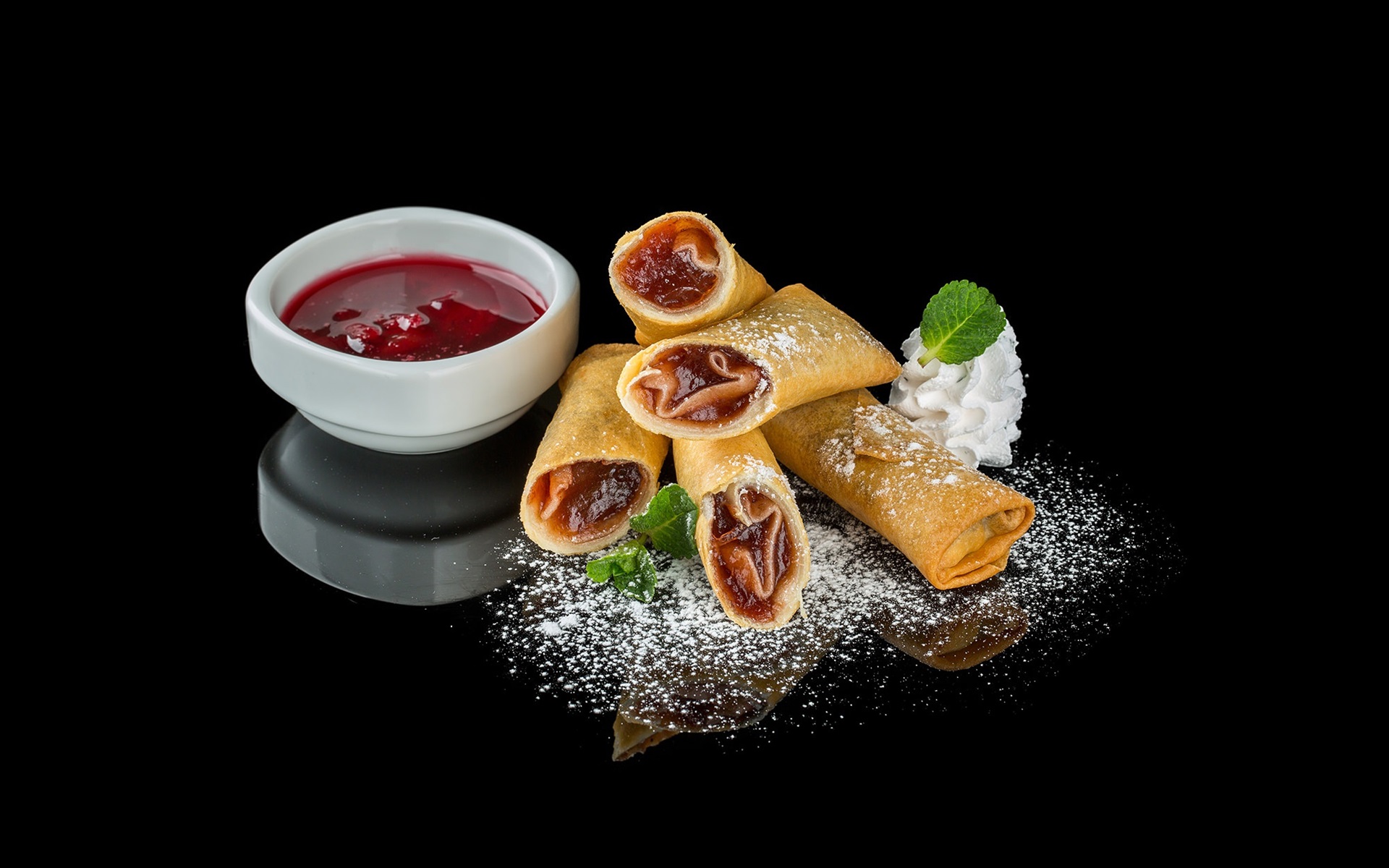 Wallpaper Pancake rolls, jam, food, black background 1920x1200 HD Picture, Image