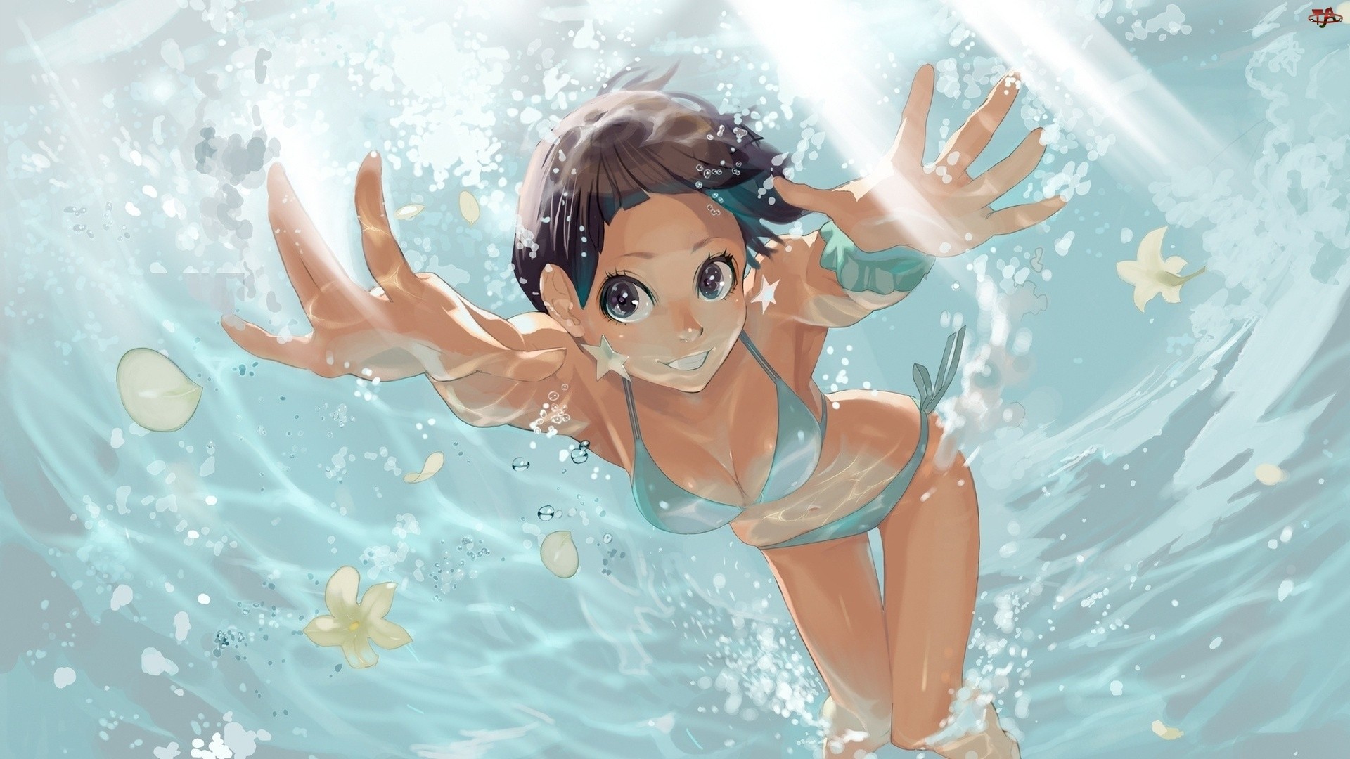 Wallpaper, anime girls, swimming pool, underwater, computer wallpaper 1920x1080