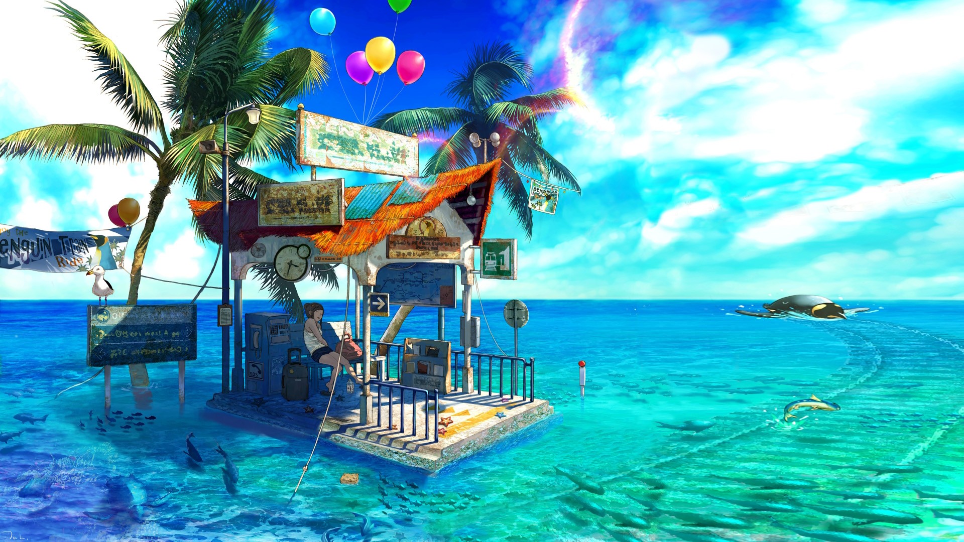 Wallpaper, fantasy art, sea, anime girls, swimming pool, resort, balloon, Caribbean, leisure, screenshot, amusement park, water park 1920x1080