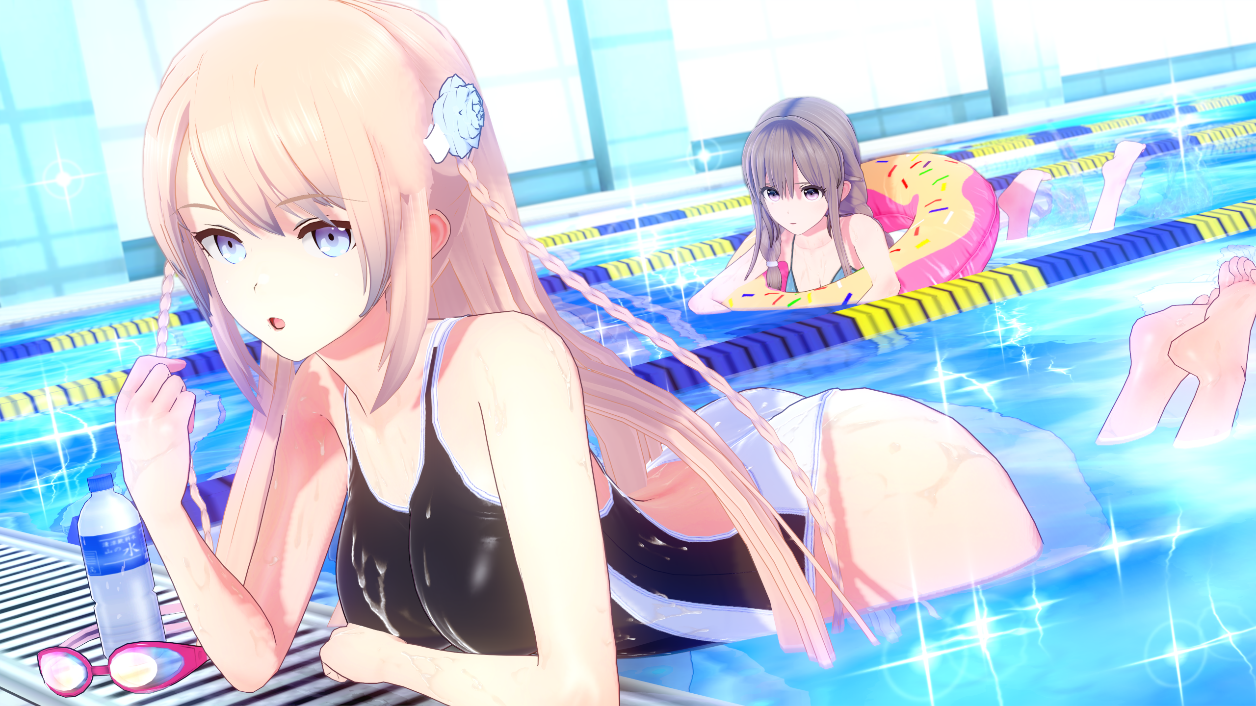 Fantasy Girl 3D CGi Swimming Pool Blue Eyes Water Bottle Floater In Water Water Goggles Anime Wallpaper:2560x1440