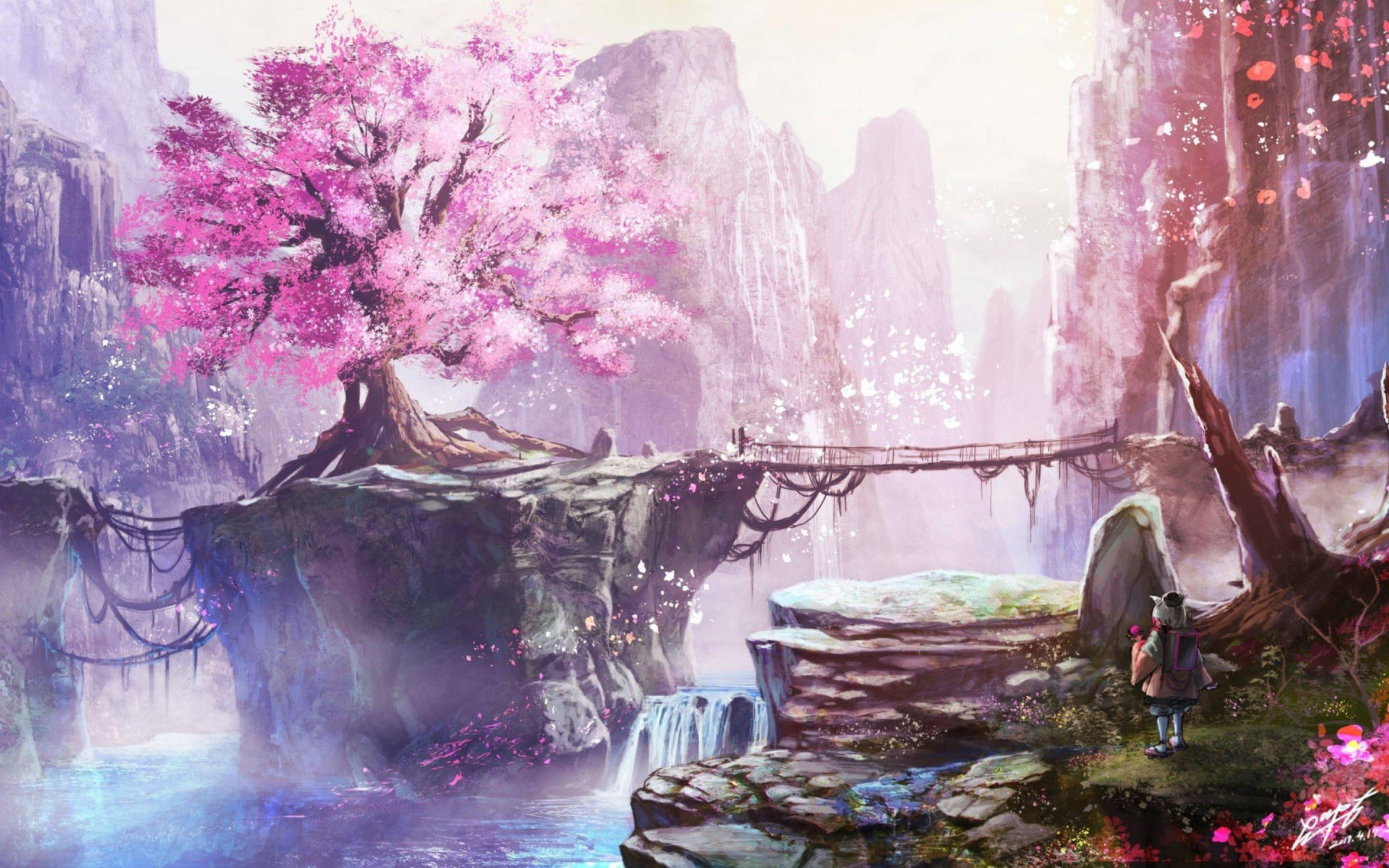 Download Fantasy Cherry Blossom Aesthetic Anime Laptop Wallpaper