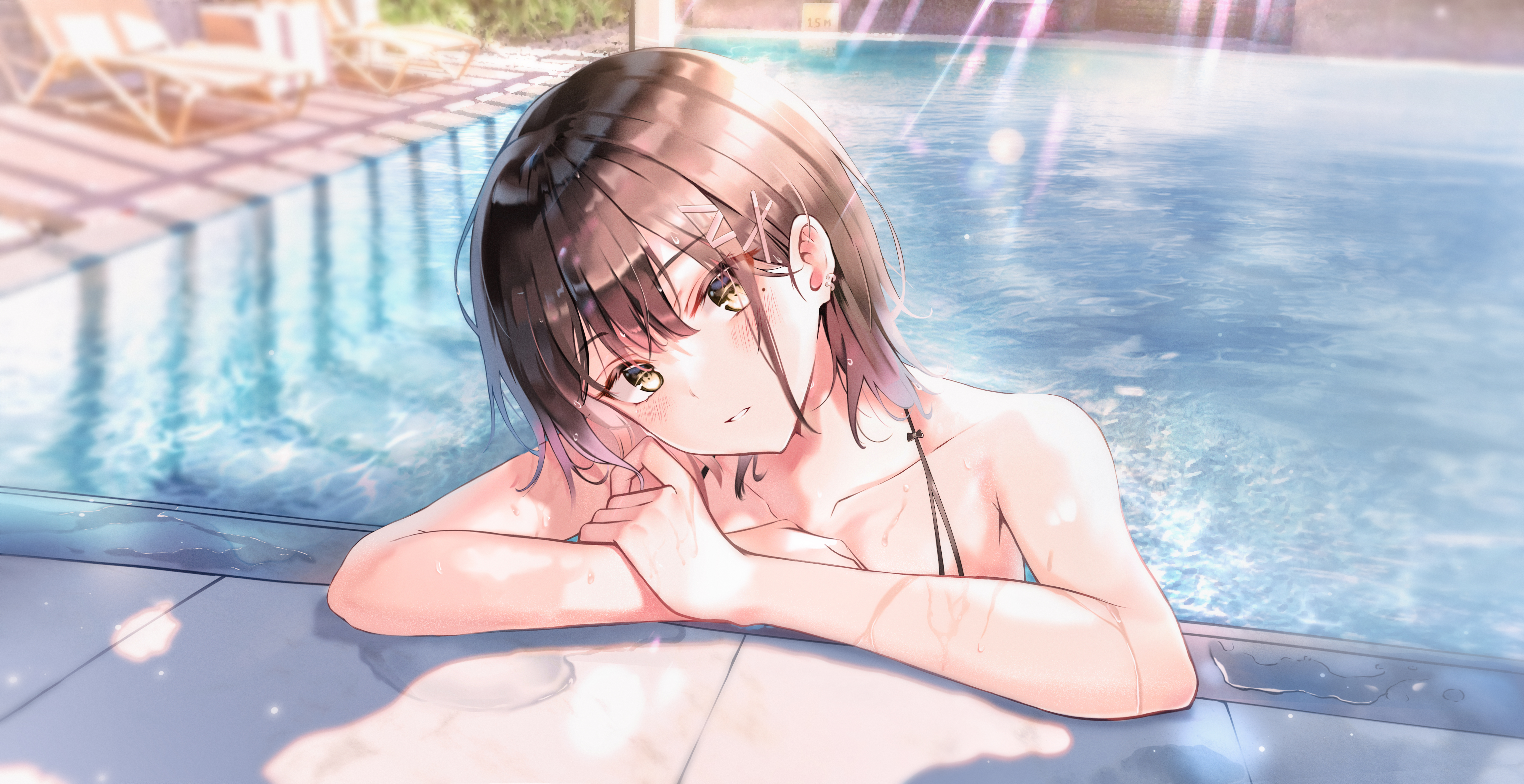 Anime Anime Girls Artwork Looking At Viewer Brown Eyes Brunette Wet Swimming Pool Sion Im10042m Wallpaper:6669x3433