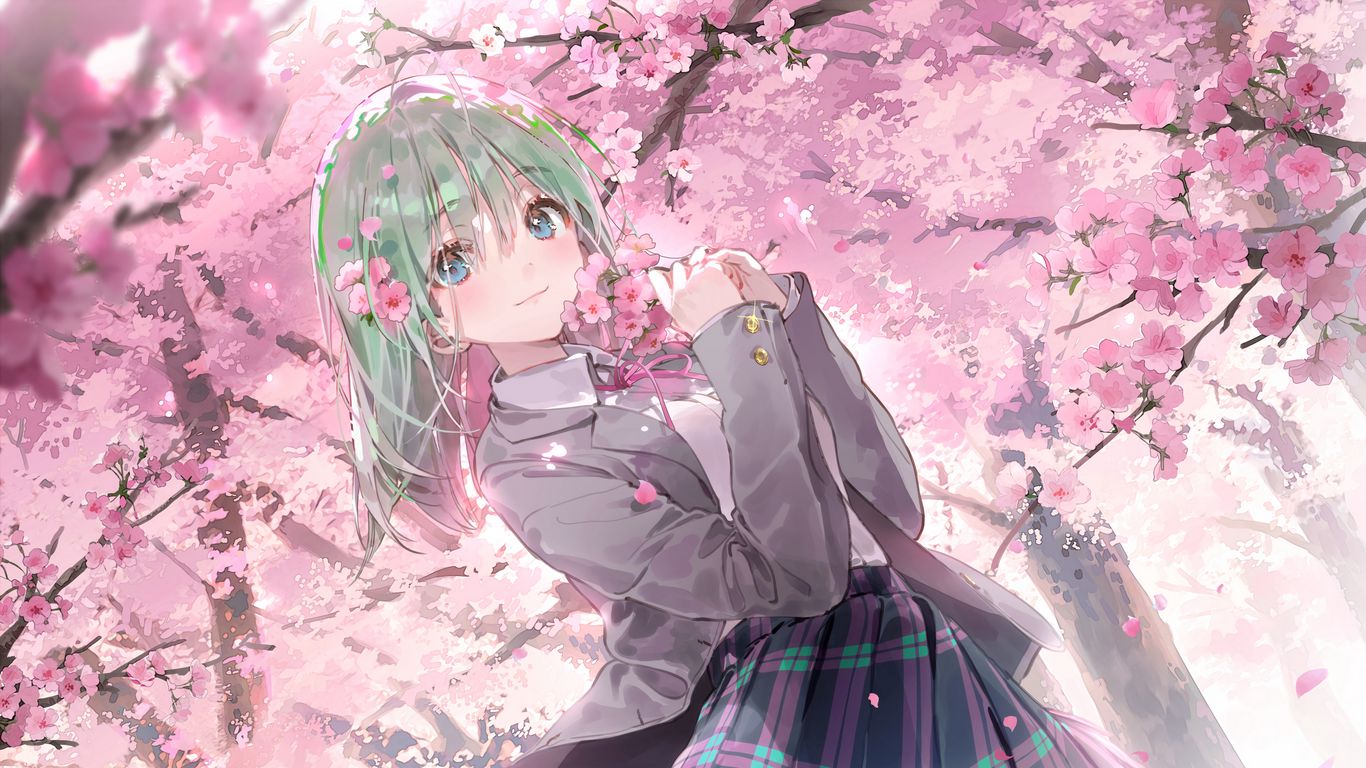 Download wallpaper 1366x768 girl, schoolgirl, sakura, flowers, anime, art tablet, laptop HD background