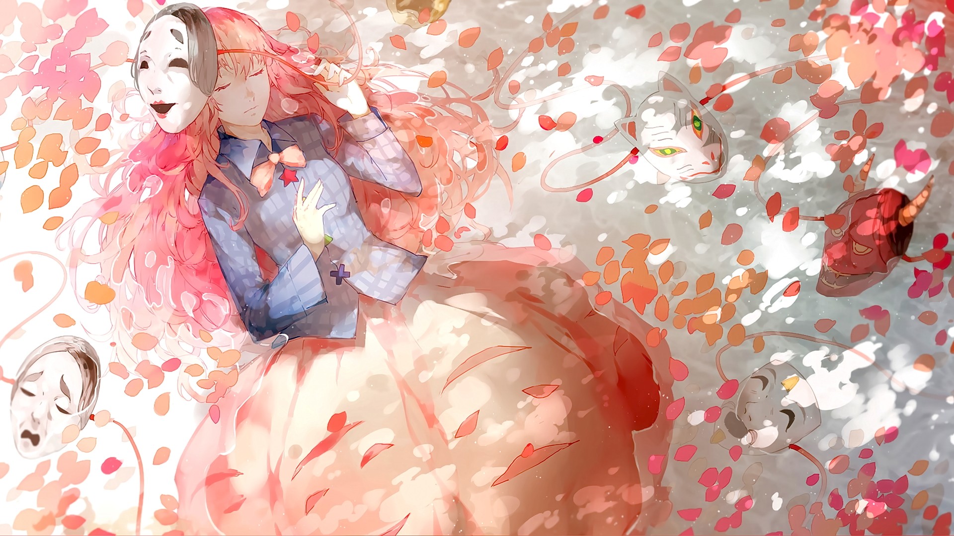 Wallpaper, food, long hair, closed eyes, anime girls, red, mask, Touhou, pink hair, cherry blossom, wet hair, wet body, wet clothing, spring, Hata no Kokoro, color, flower, plant, petal 1920x1080