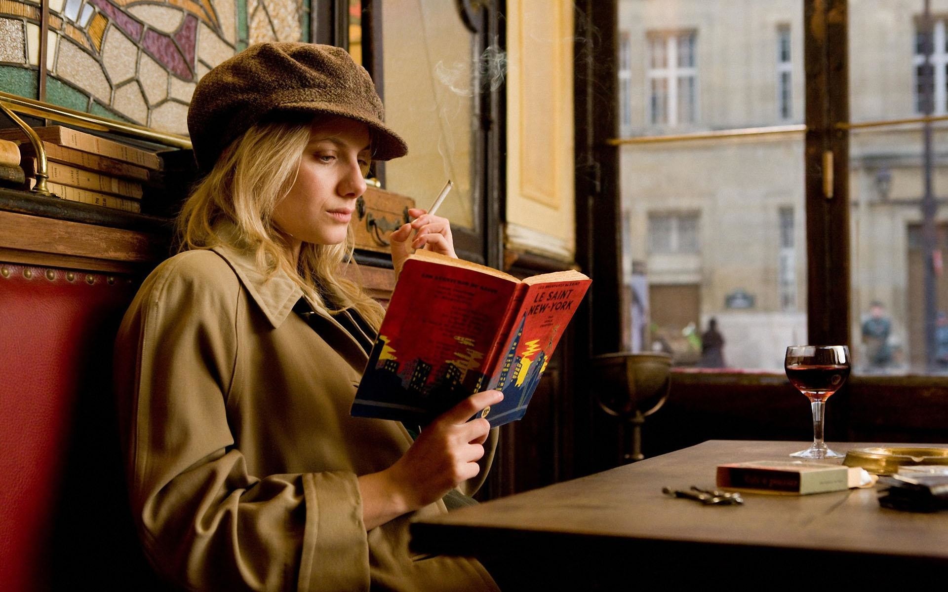 Wallpaper, women, blonde, red, hat, sitting, movies, music, smoking, cigarettes, millinery, Inglourious Basterds, cafeteria, M lanie Laurent, Person, color 1920x1200