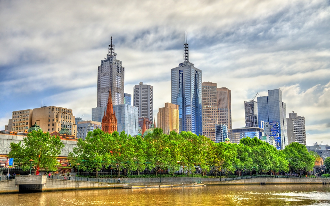 Wallpaper Melbourne Australia river Skyscrapers Trees Cities