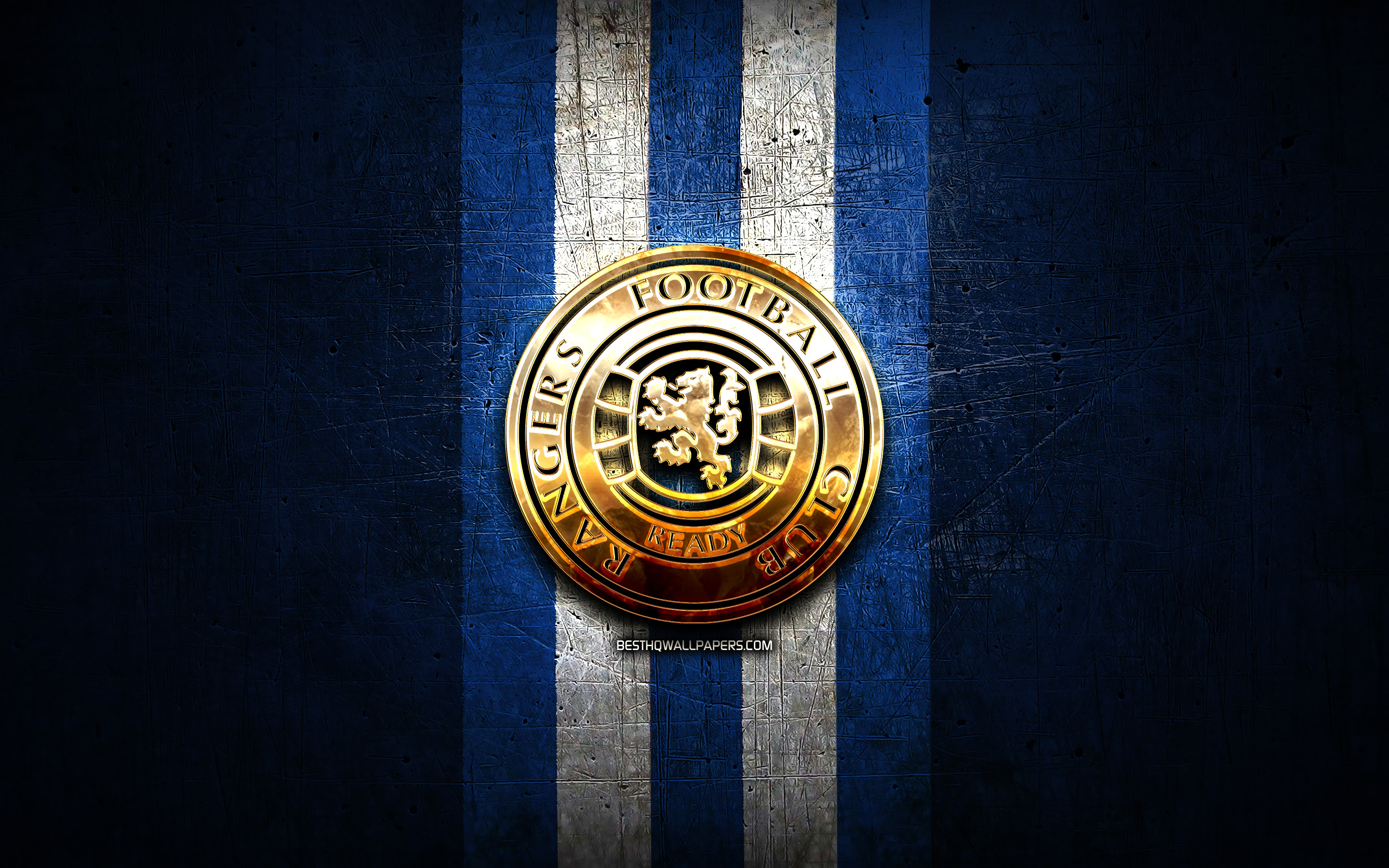 Download wallpaper Rangers FC, golden logo, Scottish Premiership, blue metal background, football, scottish football club, Rangers logo, soccer, FC Rangers for desktop with resolution 2880x1800. High Quality HD picture wallpaper