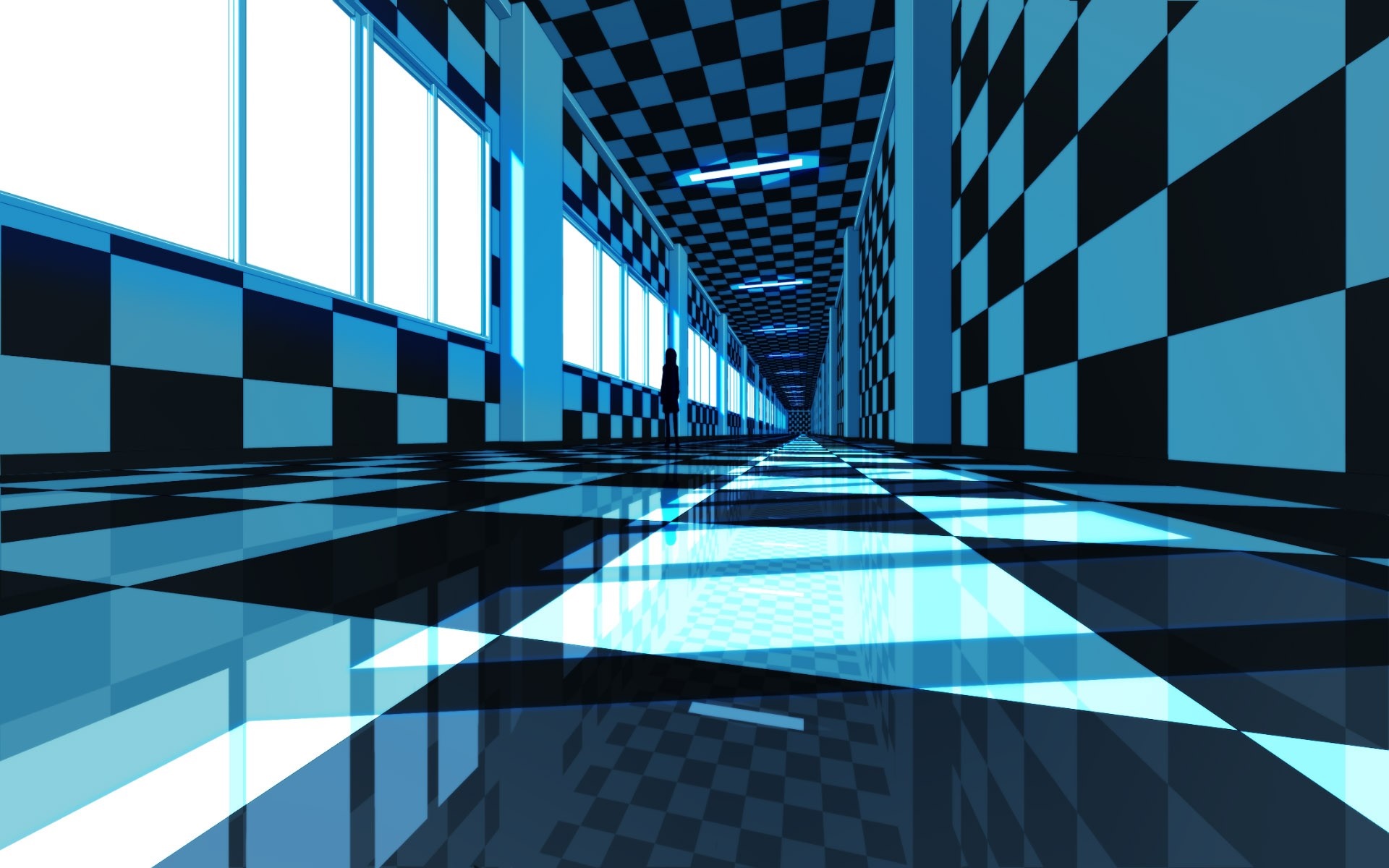 Monogatari Series, anime, reflection, CGI, hallway, symmetry, skyscraper, school, Black Rock Shooter, tunnel, checkered, brand, metropolis, shape, design, line, screenshot, computer Gallery HD Wallpaper