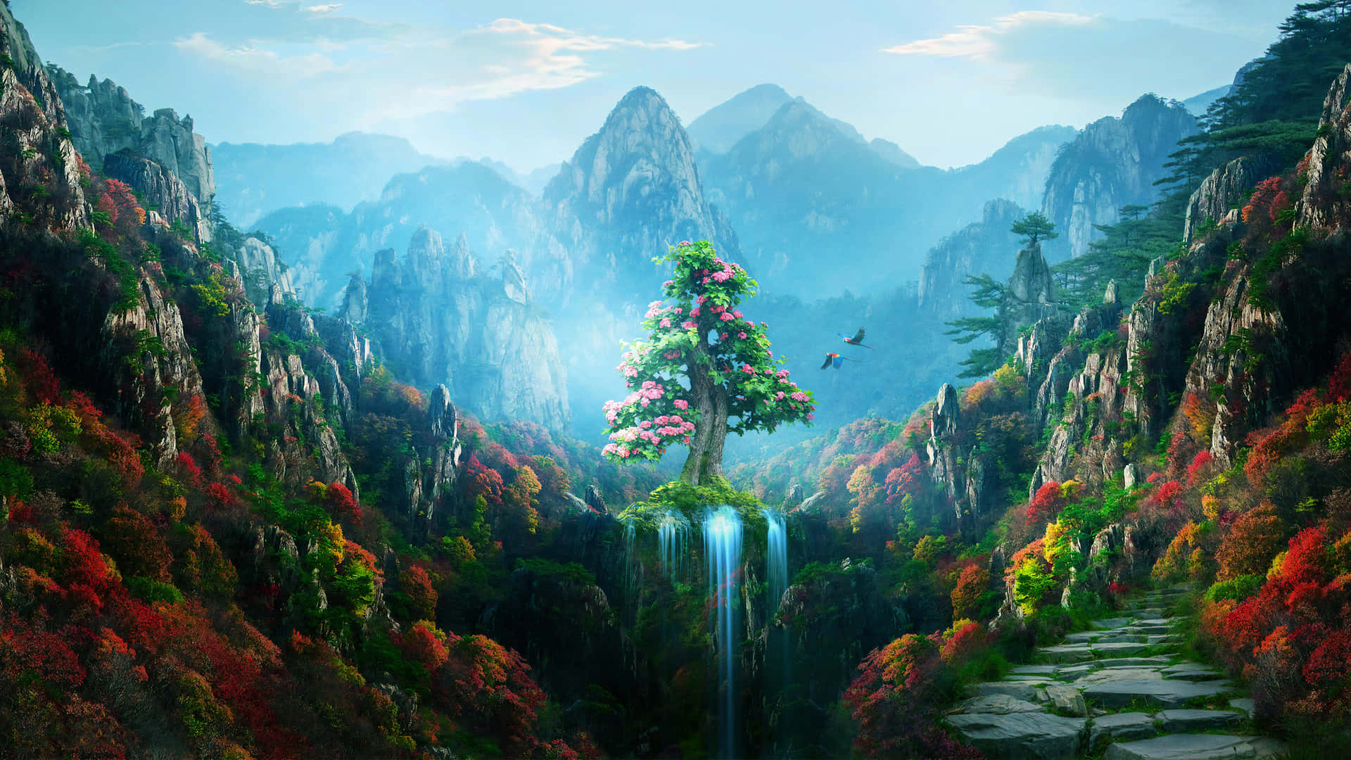Download A Tree In The Middle Of A Mountain With Waterfalls Wallpaper