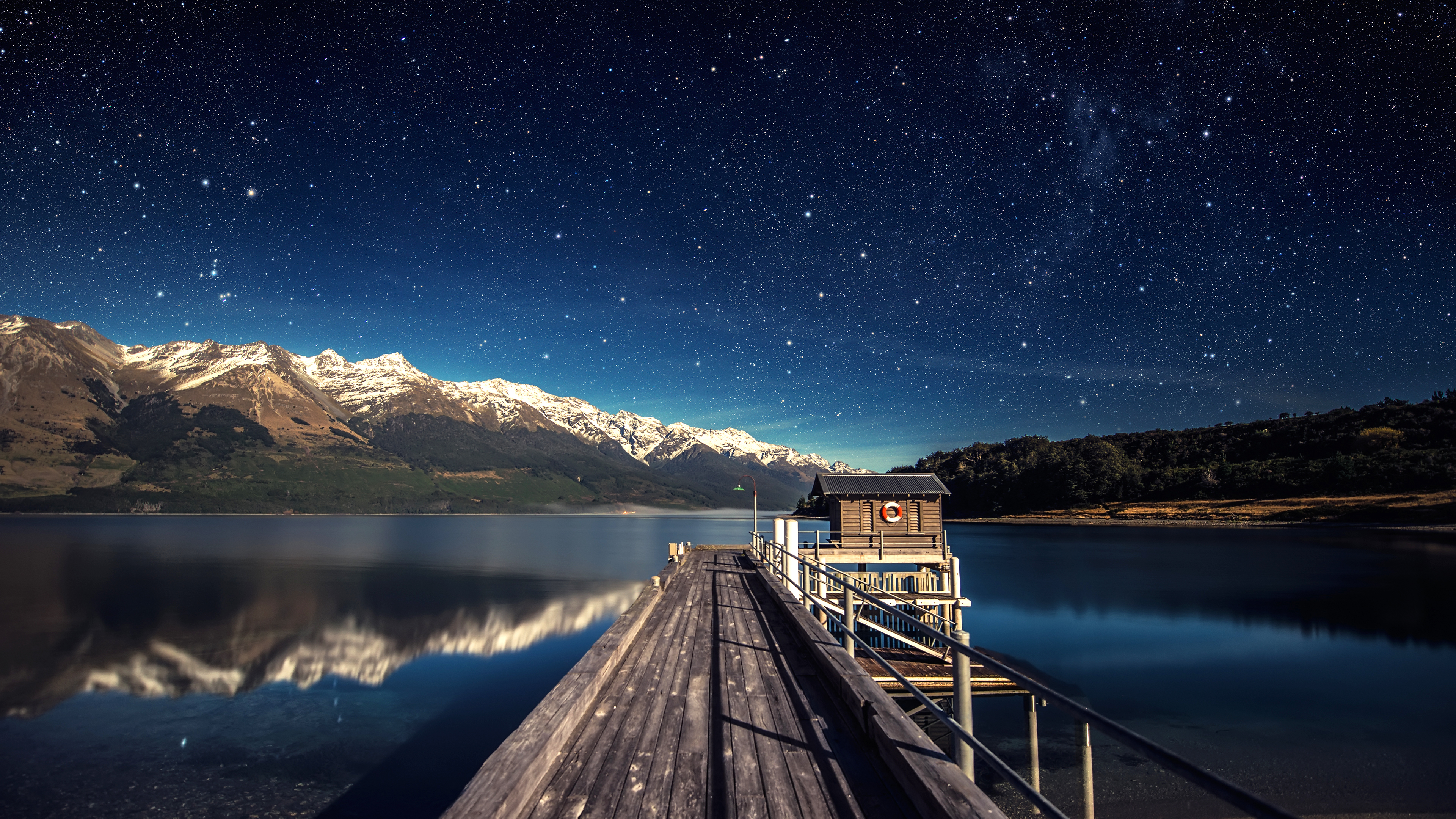 Wallpaper, landscape, mountains, digital art, night, lake, water, reflection, sky, stars, blue, evening, moonlight, atmosphere, pier, dusk, Aurora, mountain, dawn, star, astronomical object 3840x2160