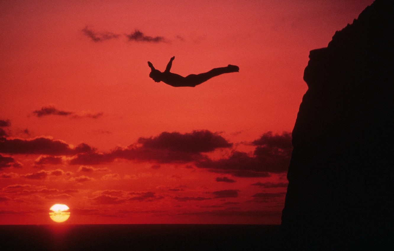 Wallpaper sea, sunset, jump, man, cool, cliff image for desktop, section разное