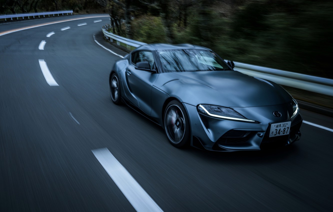 Wallpaper road, asphalt, night, coupe, speed, blur, the fence, Toyota, Supra, the fifth generation, mk5, double, 2019, GR Above, A90, Gazoo Racing image for desktop, section toyota