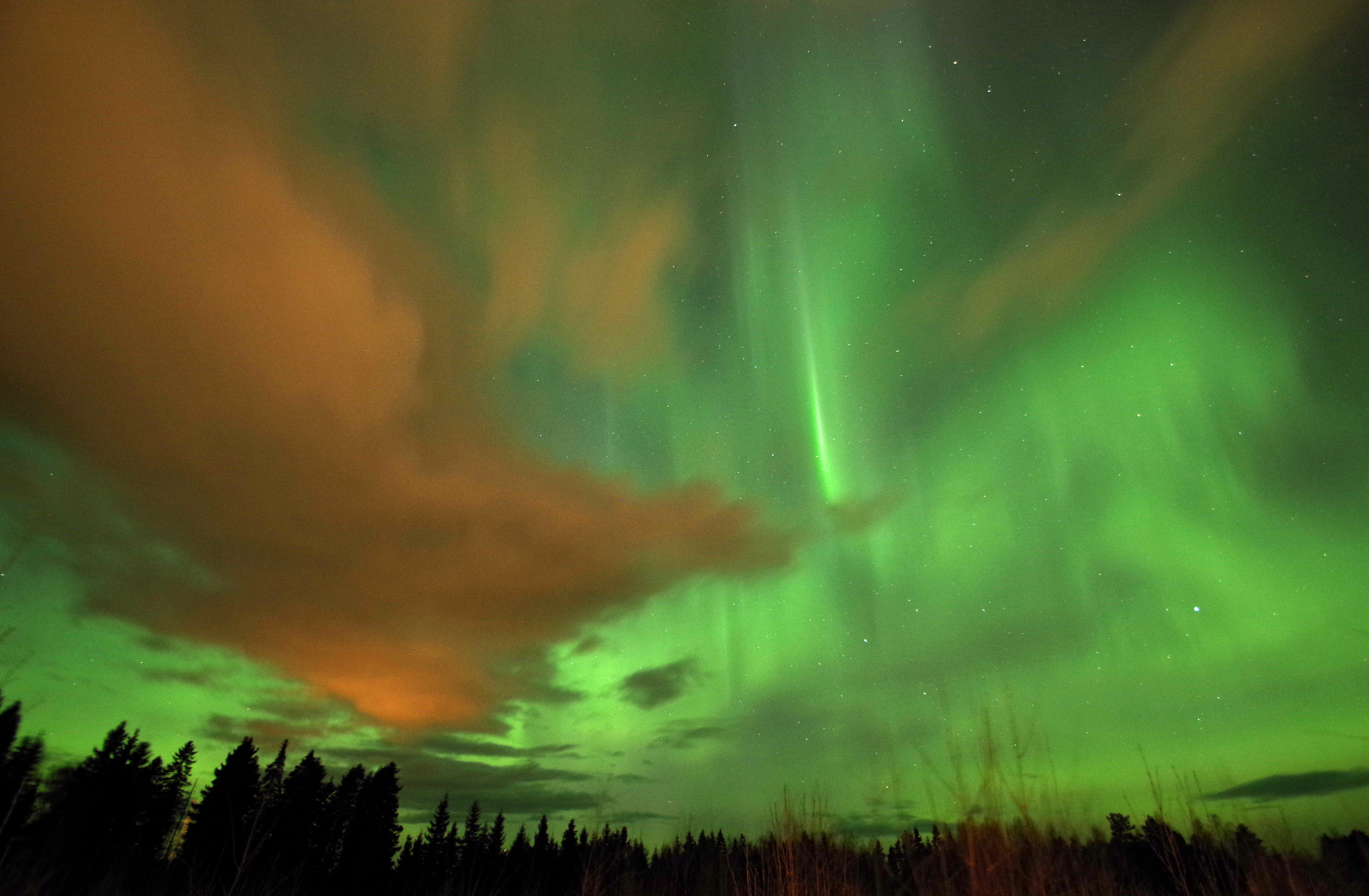 Wallpaper, sunset, night, sky, stars, clouds, green, Sun, atmosphere, spring, Aurora, light, borealis 4606x3016