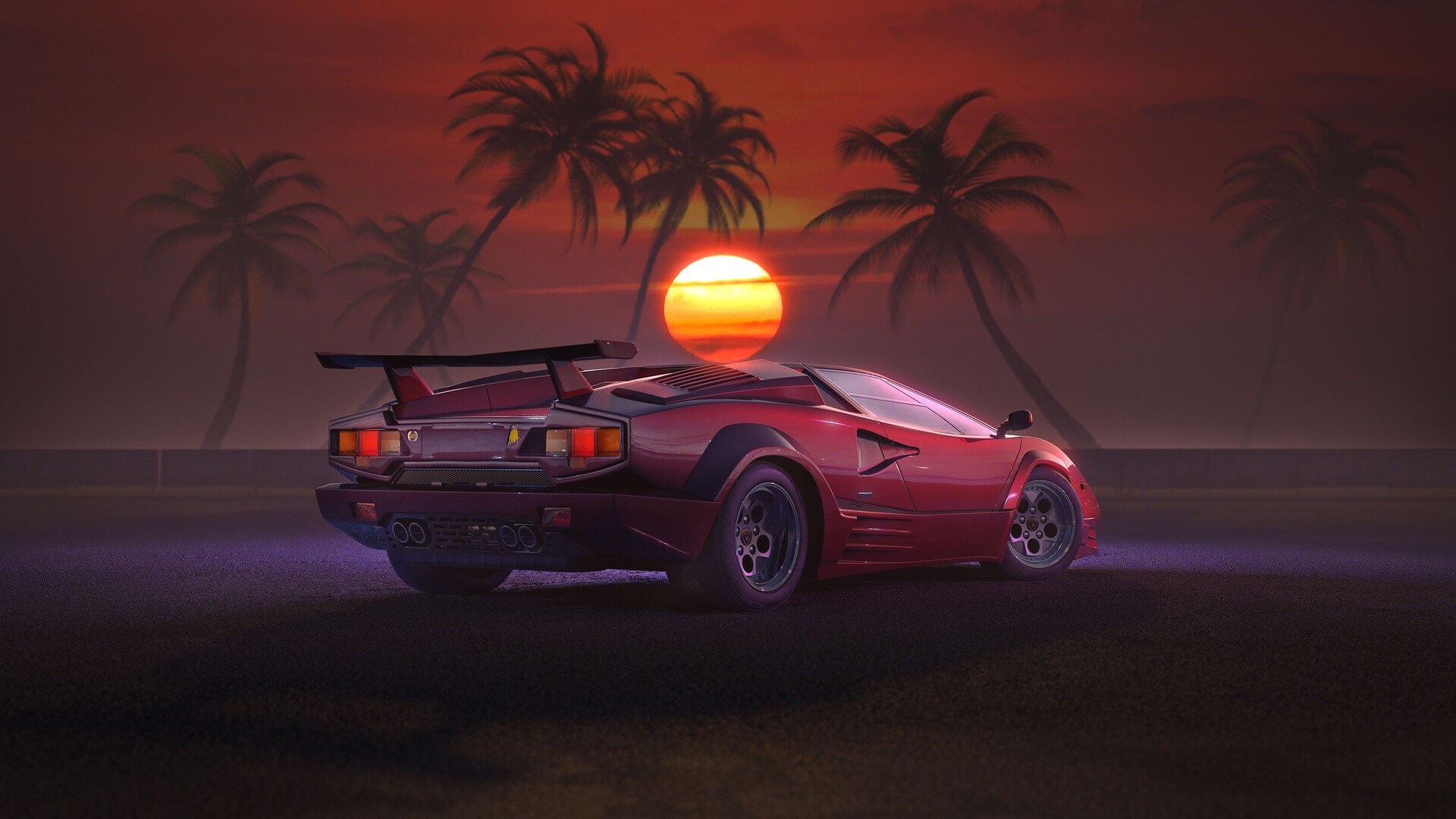 car, Lamborghini Countach, Retrowave, vehicle, digital art, red cars Gallery HD Wallpaper