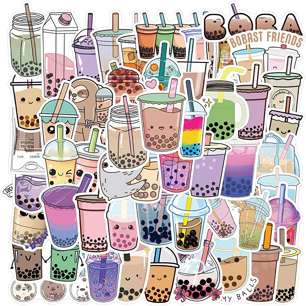 Bubble Tea Stickers 50pcs Cute VSCO Girl Summer Drinks Stickers Laptop Trendy Aesthetic Waterproof Stickers Guitar Computer Phone, Water Bottle Stickers for VSCO Kids Teens (Pearl Milk Tea), Toys