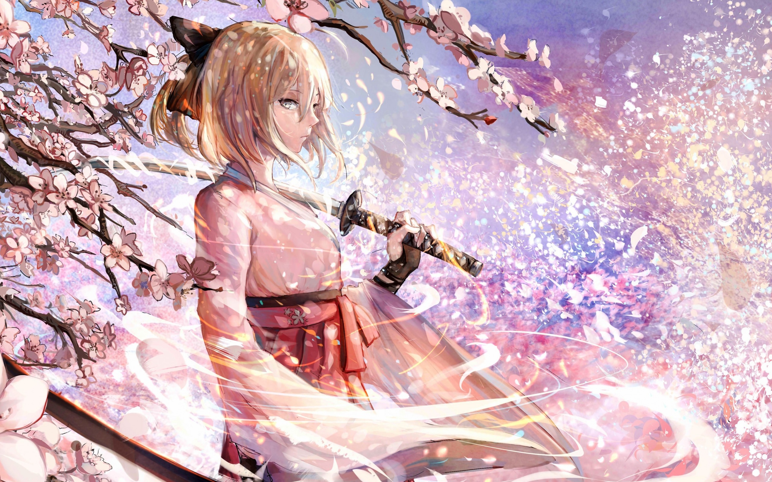 Download wallpaper Sakura Saber, Fate Series, anime characters, sakura, cherry blossom, katana, samurai, spring for desktop with resolution 2560x1600. High Quality HD picture wallpaper