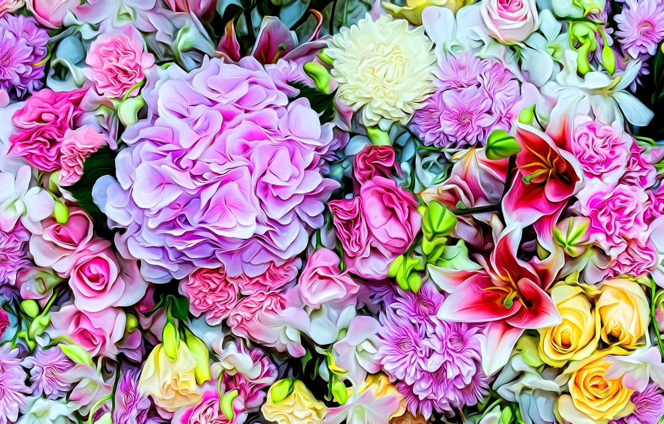 Wallpaper bright colors, flowers, rendering, roses, petals, tulips, picture, carnation, hydrangea, asters, flower cuts image for desktop, section рендеринг