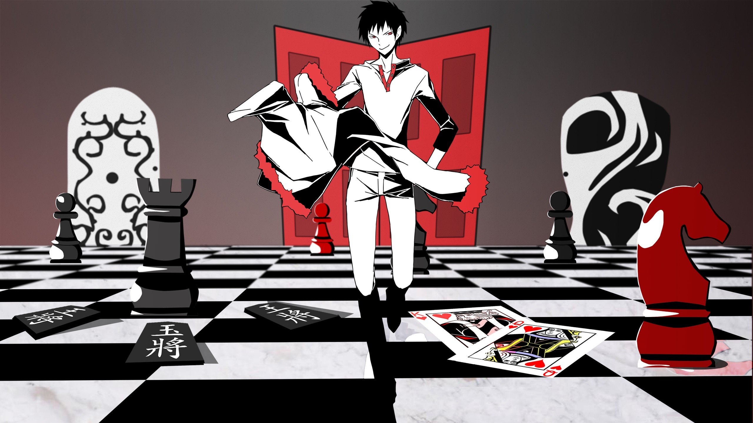 anime, Durarara!!, Orihara Izaya, Chess, Cards, Selective coloring Wallpaper HD / Desktop and Mobile Background