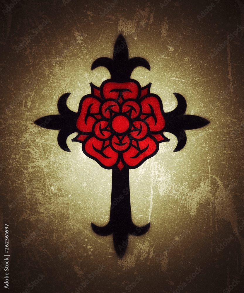 Rosenkreuz (Cross with Rose). Sacral mystical symbol of The Rosicrucians (Rosenkreuzer), The Emblem of Medieval secret society. (Alternate grunge vintage remake). Stock Illustration