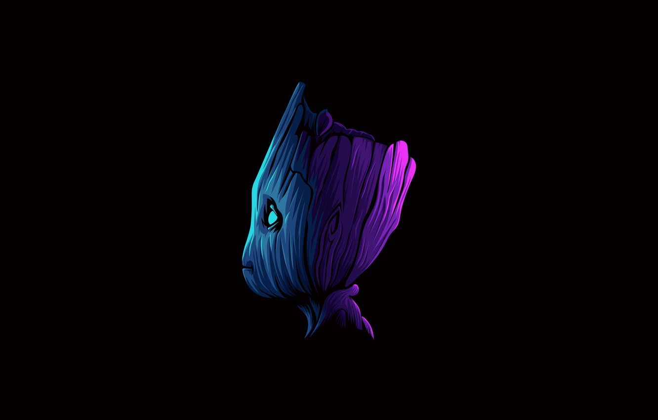 Wallpaper colorful, fantasy, minimalism, Marvel, digital art, artwork, superhero, black background, fantasy art, creature, illustration, simple background, Guardians of the Galaxy, Groot, Baby Groot image for desktop, section минимализм