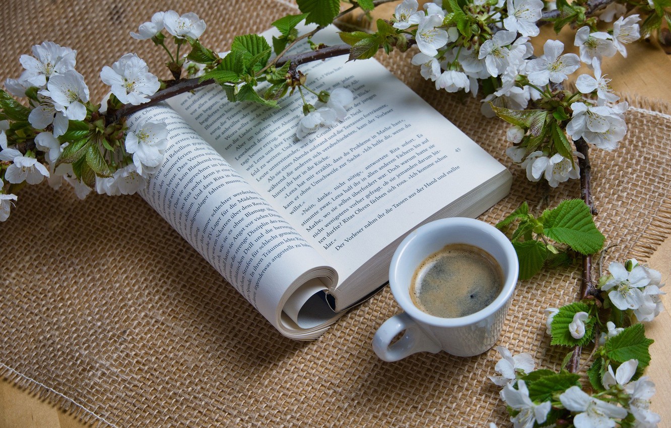Wallpaper flowers, coffee, branch, Cup, book image for desktop, section настроения