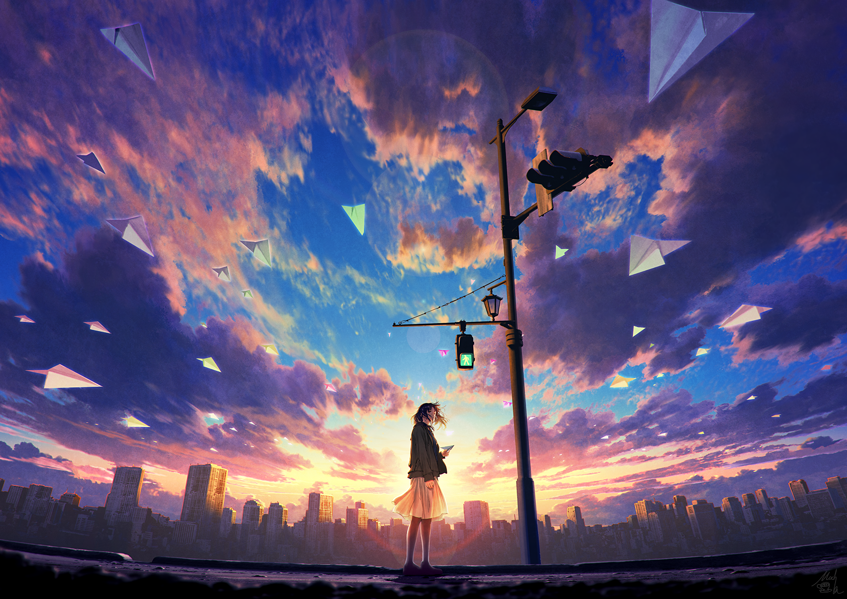 Girl, City, Paper Plane, Anime, Traffic Light, Dawn, Sky Gallery HD Wallpaper