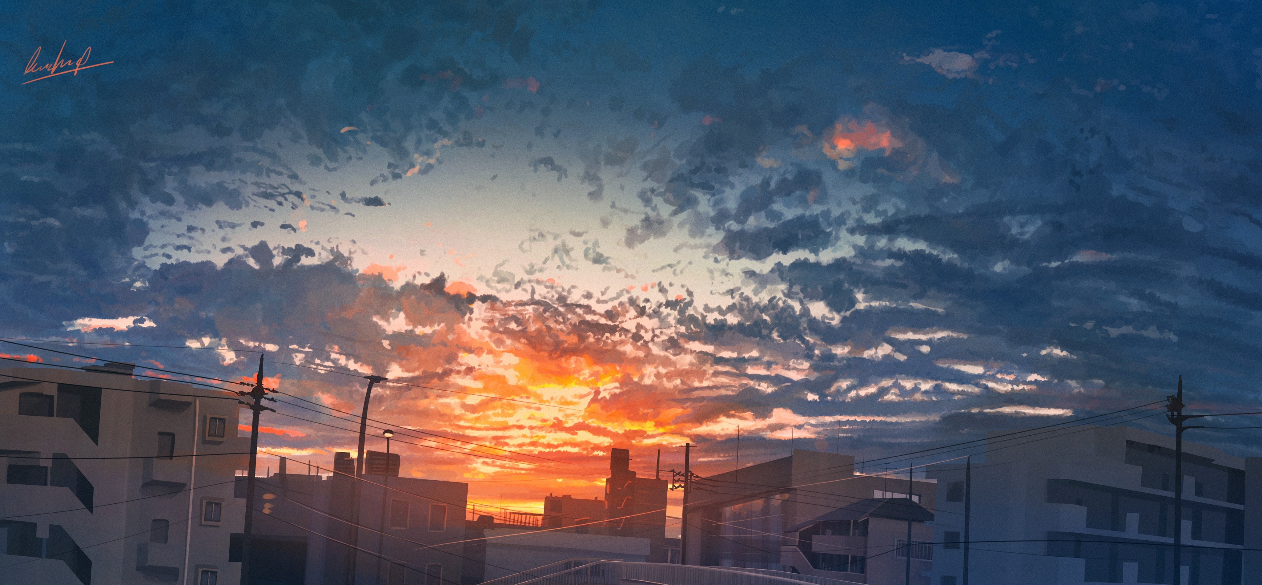 Download 1920x1080 Anime City, Sunset, Buildings, Clouds, Dawn, Scenic Wallpaper for Widescreen