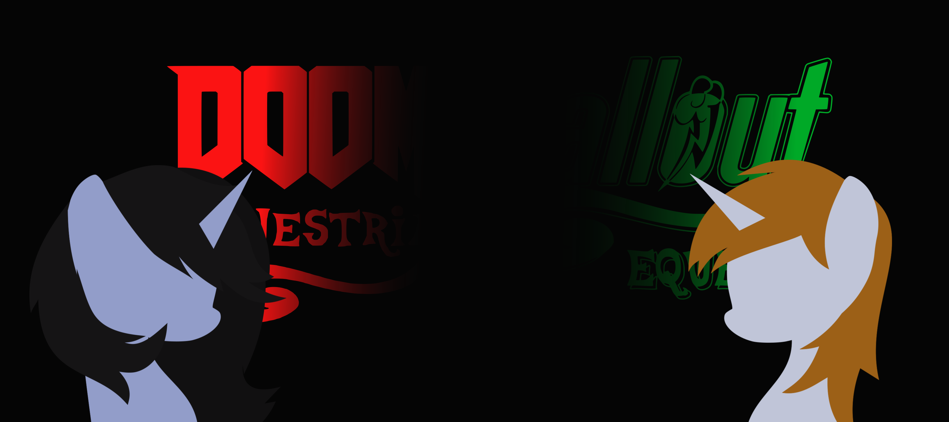 safe, artist:isaac_pony, oc, oc:littlepip, oc:shainer shrapnel shock, pony, unicorn, fallout equestria, black background, doom, doom equestria, face to face, fallout, logo, photo, simple background, vector, wallpaper