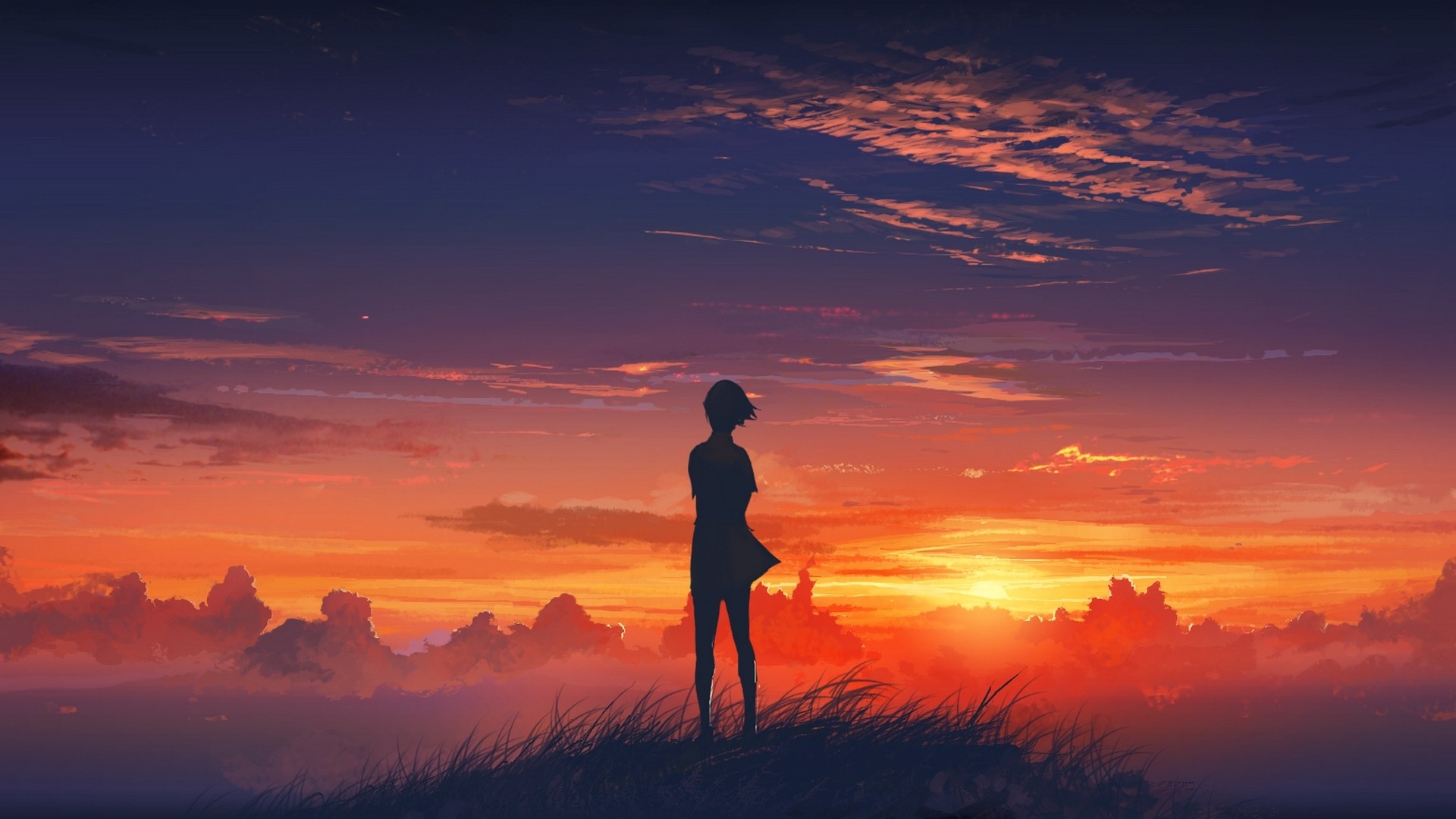 Wallpaper, sunlight, sunset, anime, silhouette, sunrise, evening, horizon, atmosphere, dusk, cloud, mountain, dawn, afterglow, red sky at morning 1920x1080