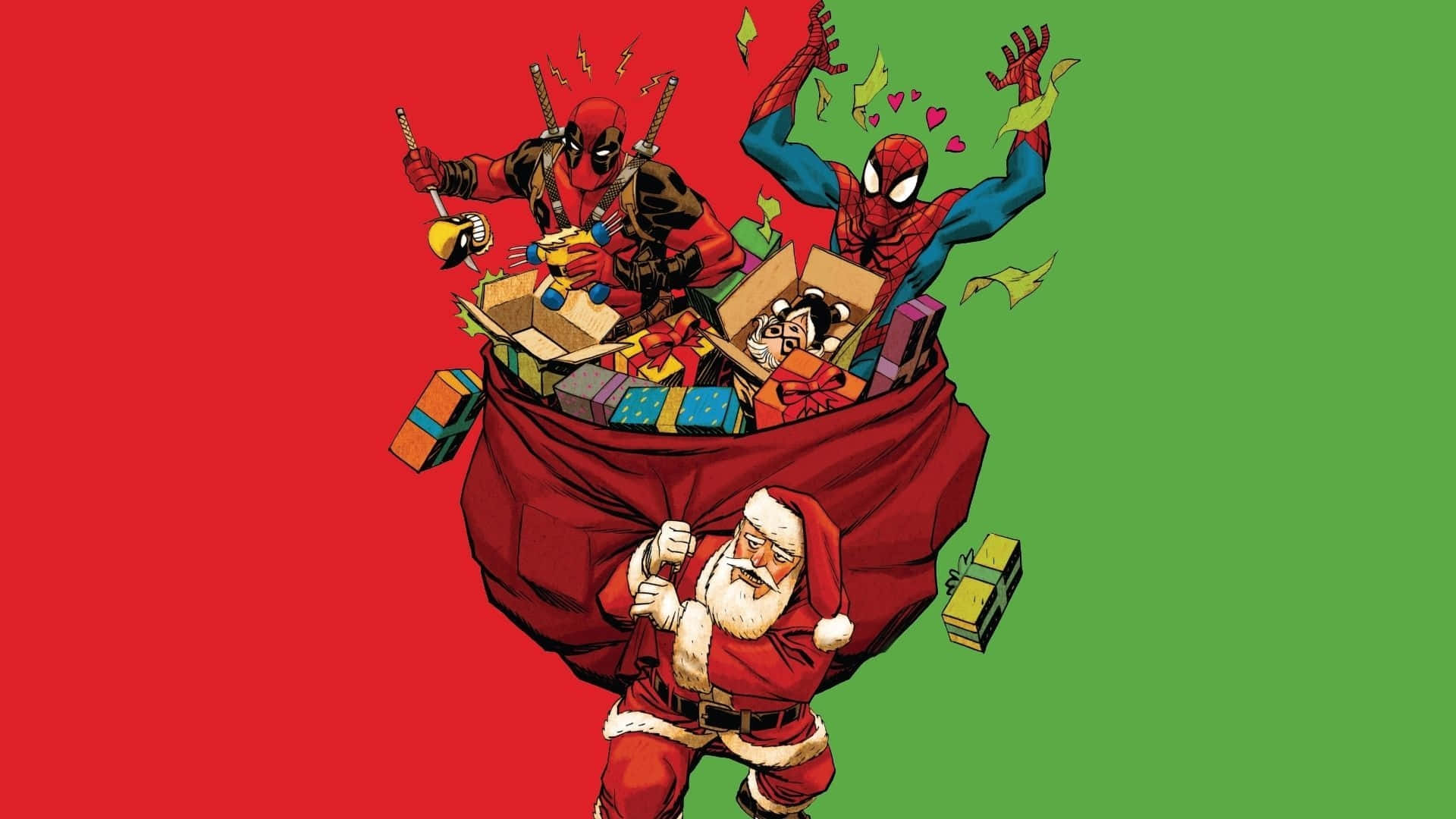Download Marvel Christmas Spiderman And Deadpool Santa Wallpaper