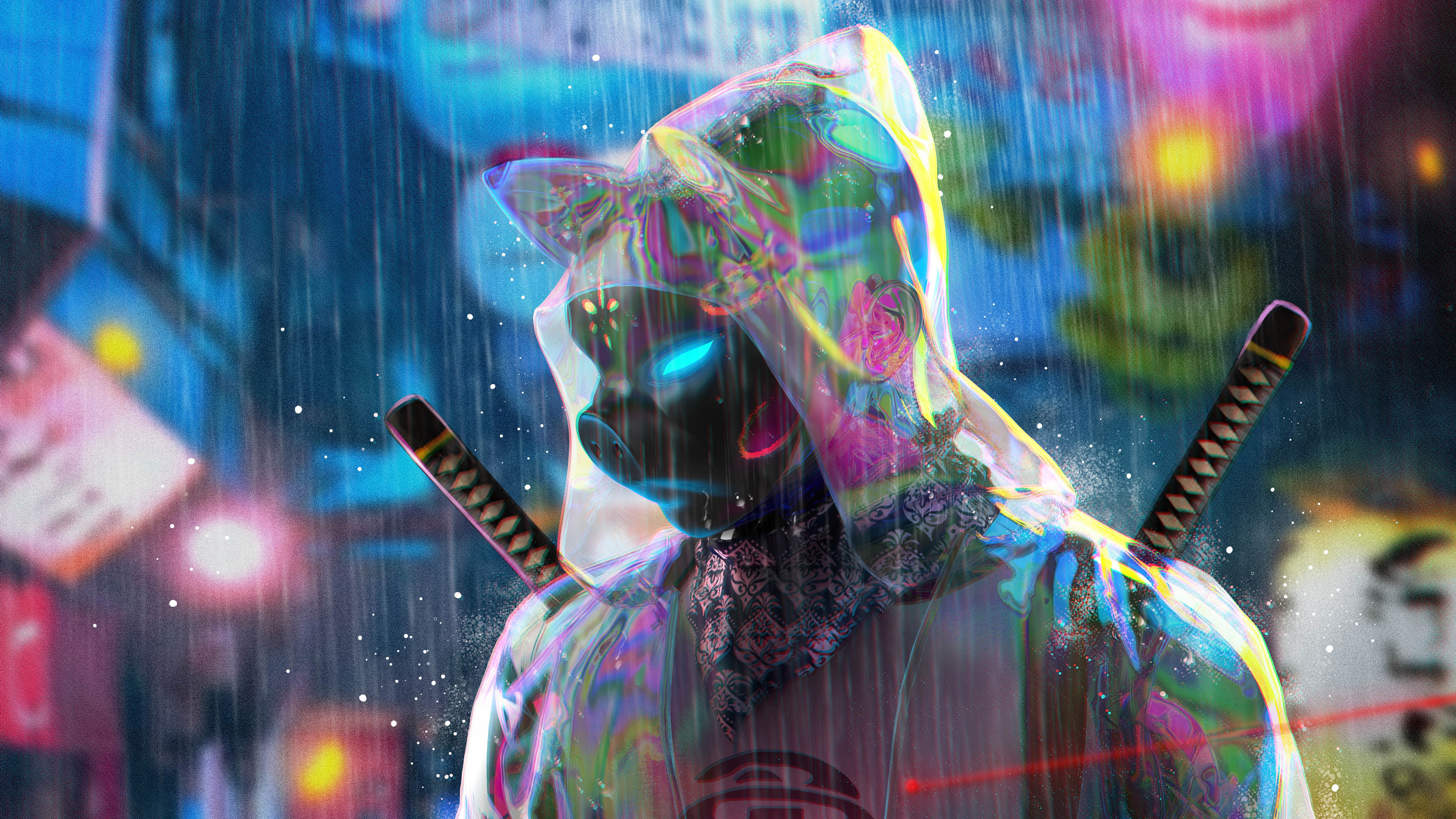 Science Fiction Rain Cyberpunk Warrior Neon Yang Tuo Screen Shot Wallpaper:3840x2160