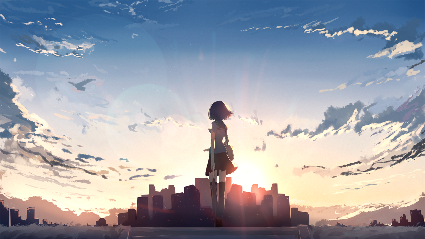 Wallpaper / city, anime girls, sunset, sky, clouds, standing, school uniform free download