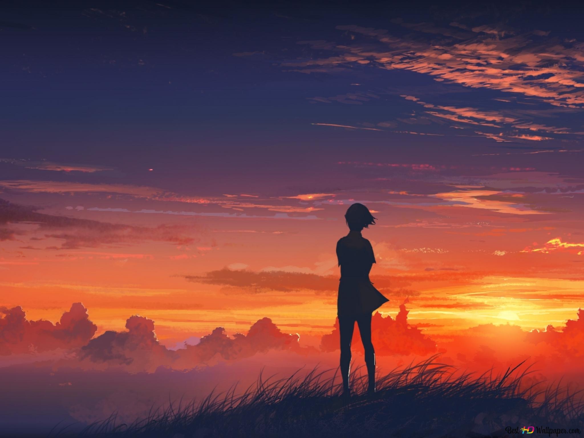 Anime girl watching scenery alone 2K wallpaper download