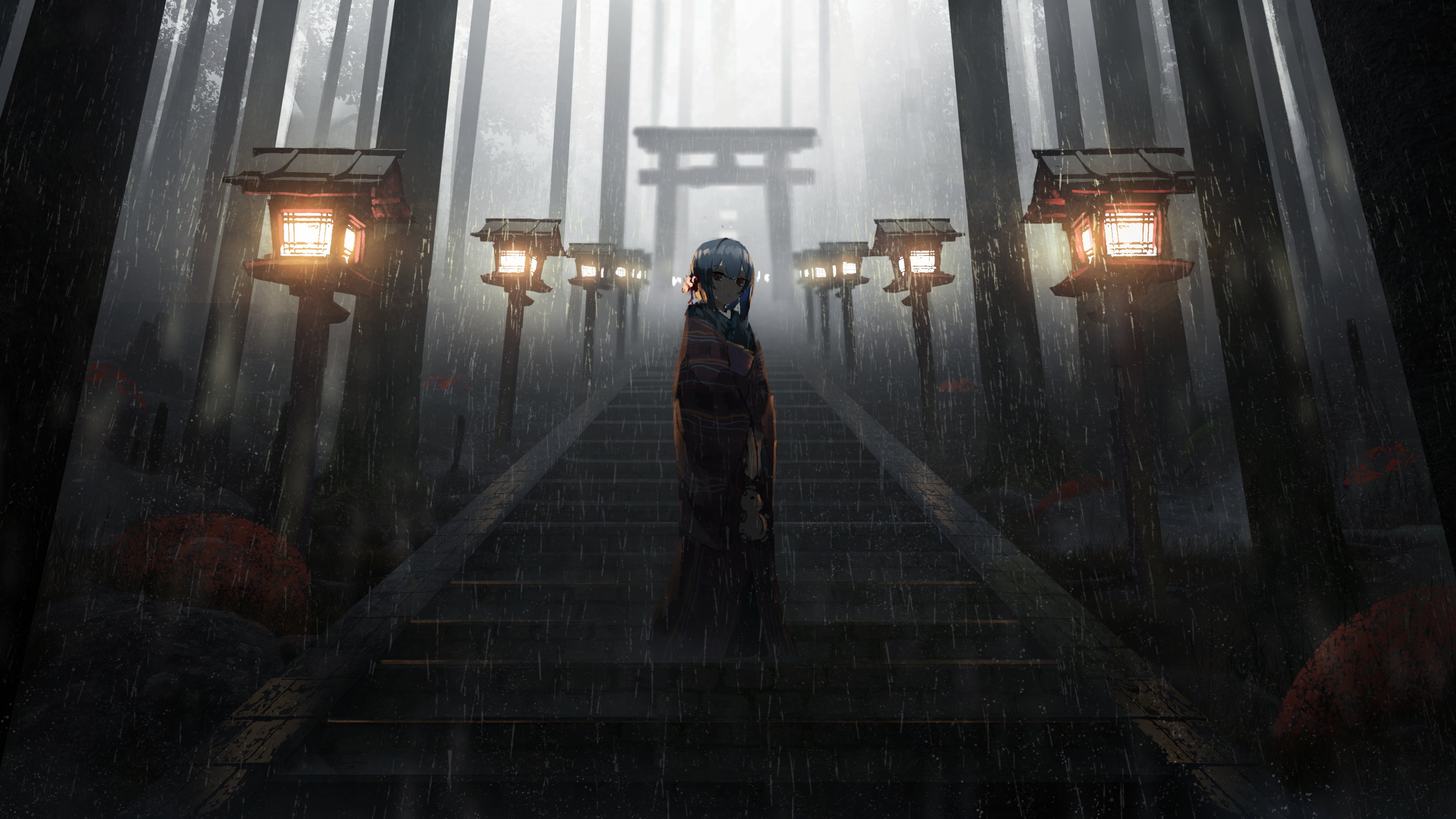 Anime Girl Standing in Rain inside Torii [3840x2160]