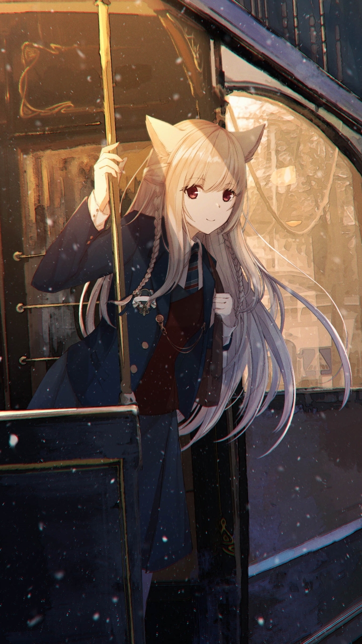 Anime girl with animal ears standing on a train while it is snowing