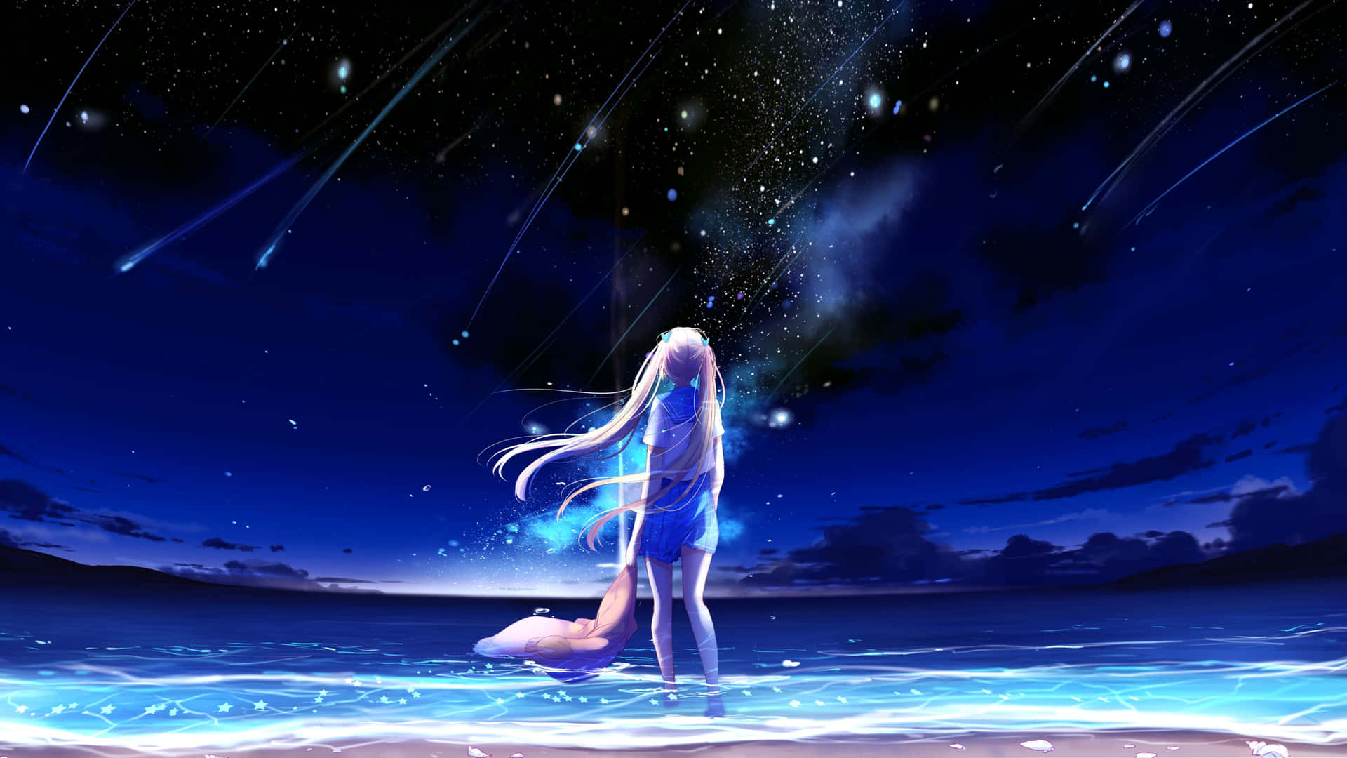 Download A Girl Standing In The Ocean With Stars Above Her Head Wallpaper