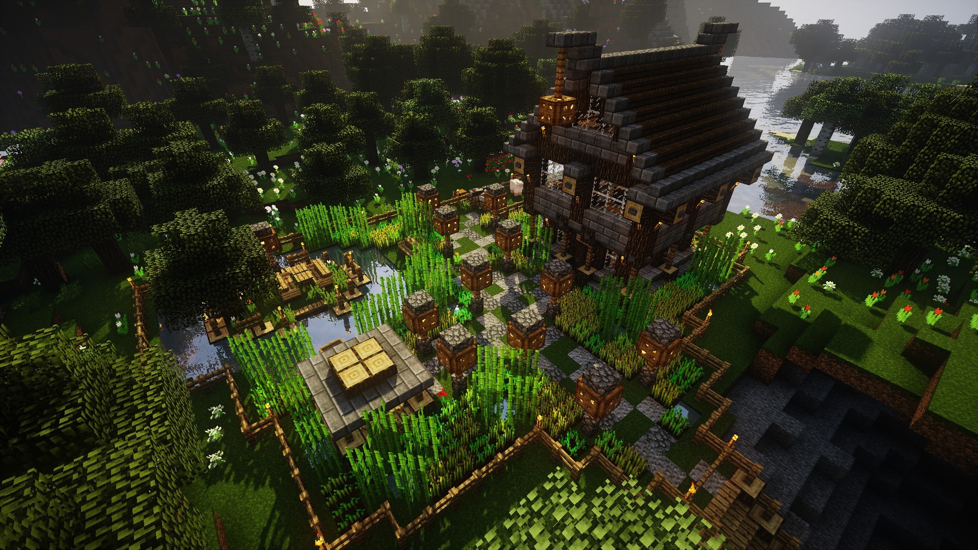 Wallpaper / Minecraft, video games, farm, house, forest, oak trees, water, grass free download