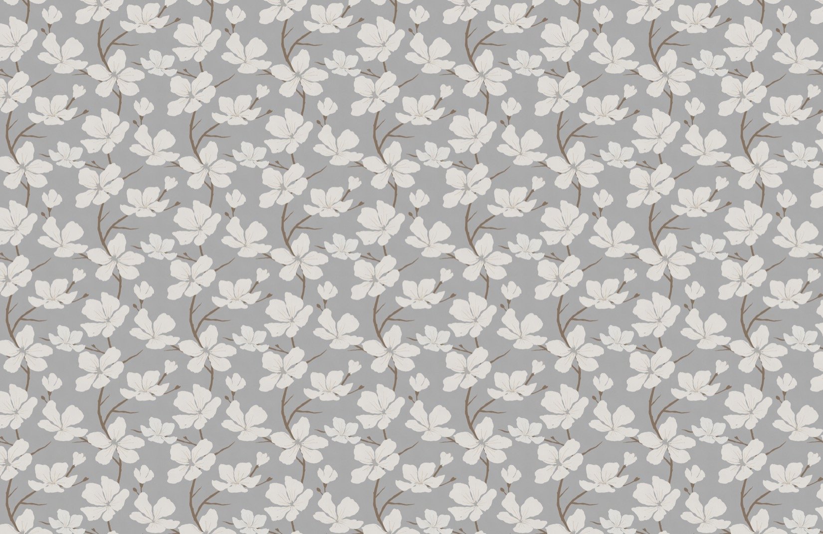 Grey & White Illustrated Blossom Pattern Wallpaper
