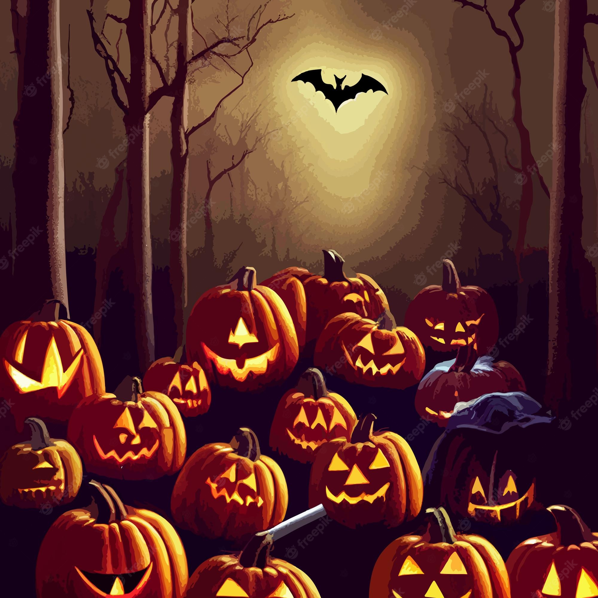 Premium Photo. Epic halloween evil pumpkin in the forest on halloween night illustration halloween pumpkin