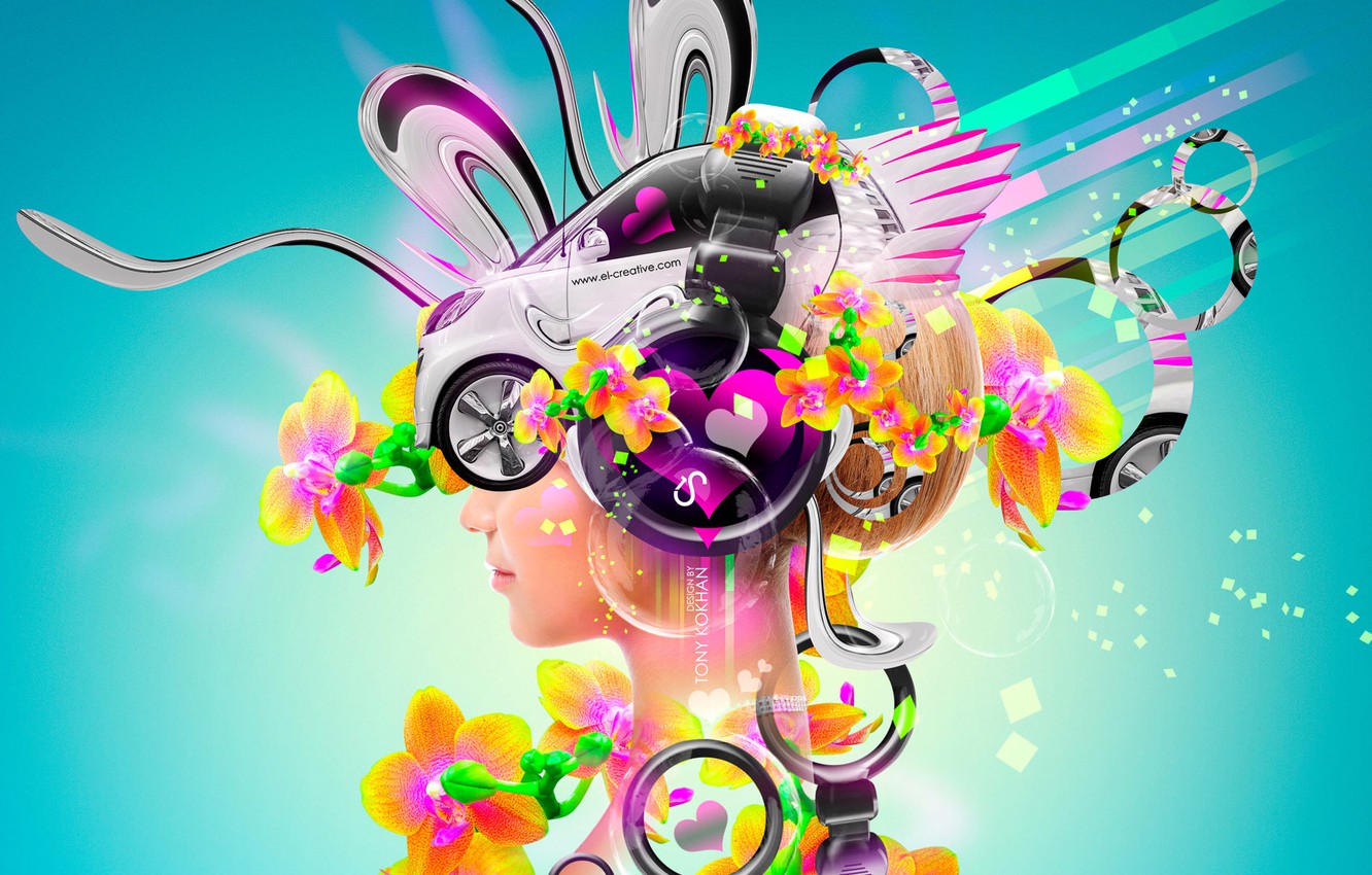 Wallpaper Flowers, Girl, Auto, Music, Neon, Headphones, Blonde, Bright, Style, Girl, Wallpaper, Bubbles, Car, Fantasy, Music, Photohop image for desktop, section абстракции