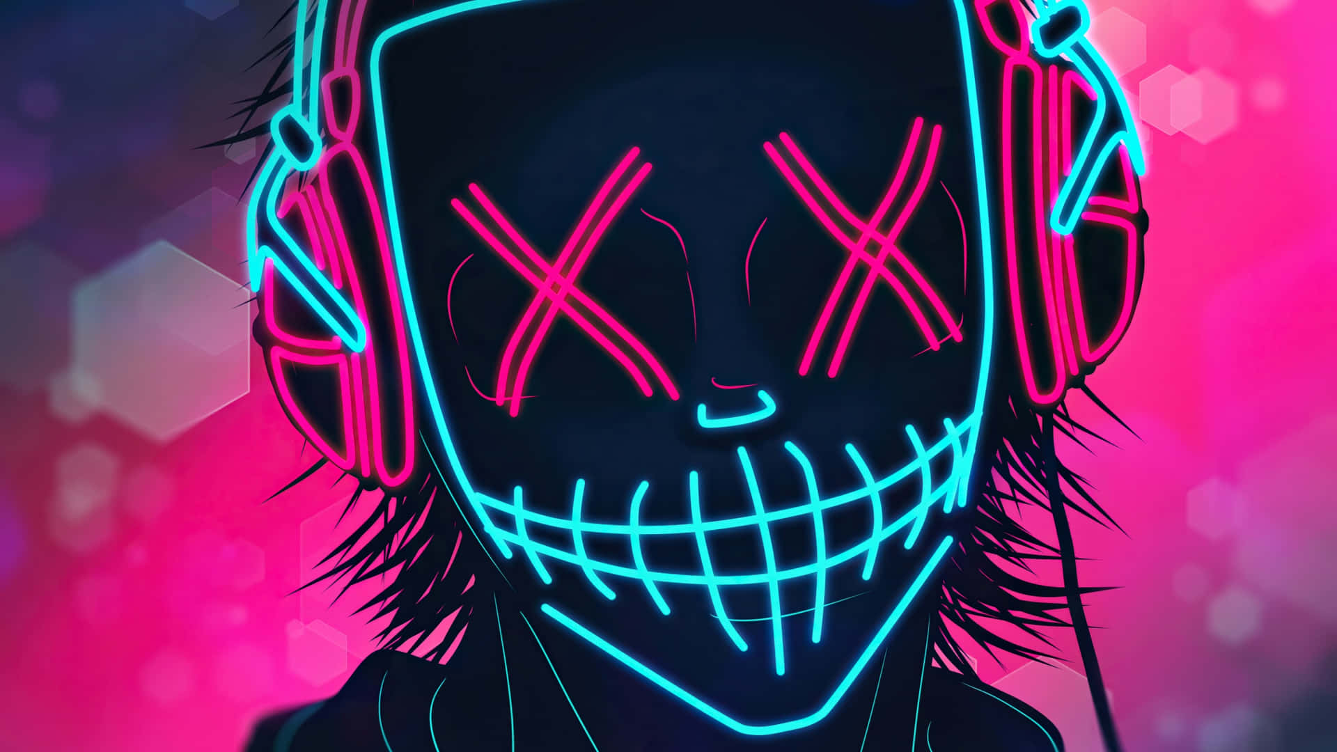 Download A Neon Skull With Headphones On His Head Wallpaper